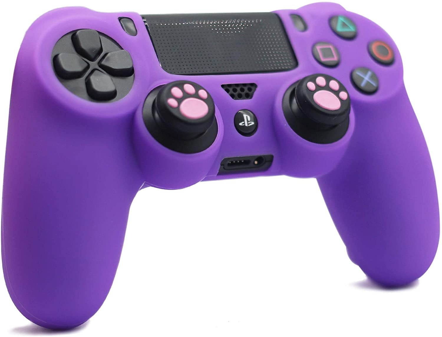 PS4 Controller Skin, BRHE Anti-Slip Grip Silicone Cover Protector Case Compatible with PS4 Slim/PS4 Pro Wireless/Wired Gamepad Controller with 2 Cat Paw Thumb Grip Caps (Purple)