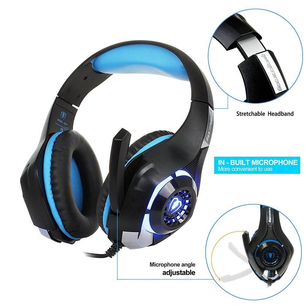Beexcellent Gaming Headset, Bass Enhanced Headphone for Playstation PS4 PSP Xbox One Tablet iOS iPad Smartphone Free Adapter Cable for PC with Mic Noise Cancelling Black+Blue