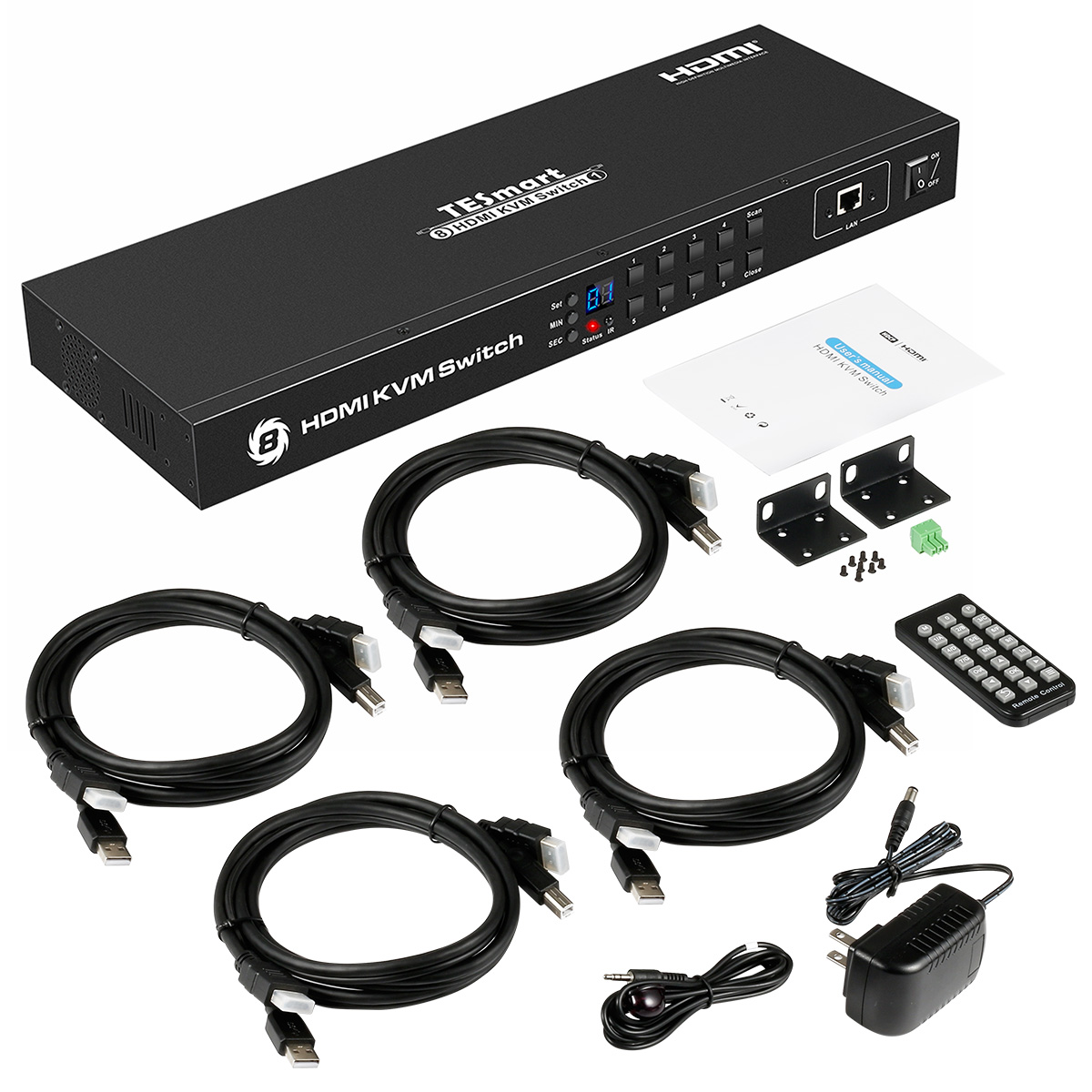 TESmart 4K UHD 8 Ports Inputs HDMI KVM Switch, Control up to 8 Computers/Servers, USB 2.0 Device, RS232/ LAN Port Control Switch, Rack Mount Switch with 4 Pcs 5ft/1.5m KVM Cable