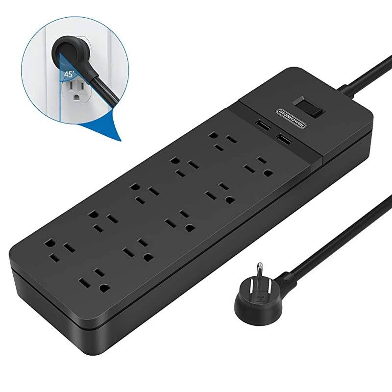 Surge Protector Power Strip,  10 Outlet Power Strip with 2 USB, Power Strip Flat Plug, 5ft Heavy-Duty Extension Cord, 15A Circuit Breaker, ETL Listed, Wall Mount for Home and Office, Black