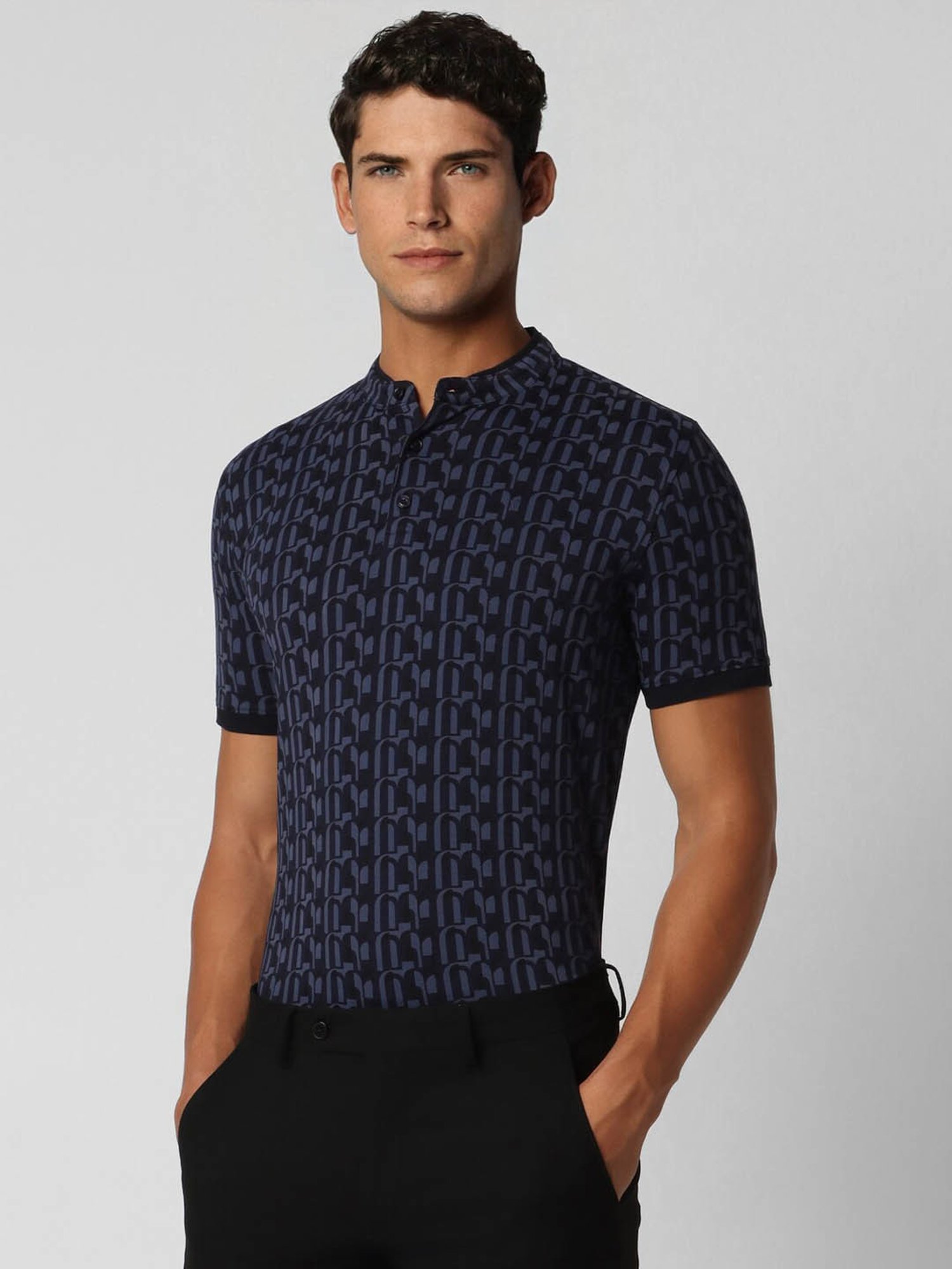 V Dot Navy Cotton Slim Fit Printed Henley T-Shirt