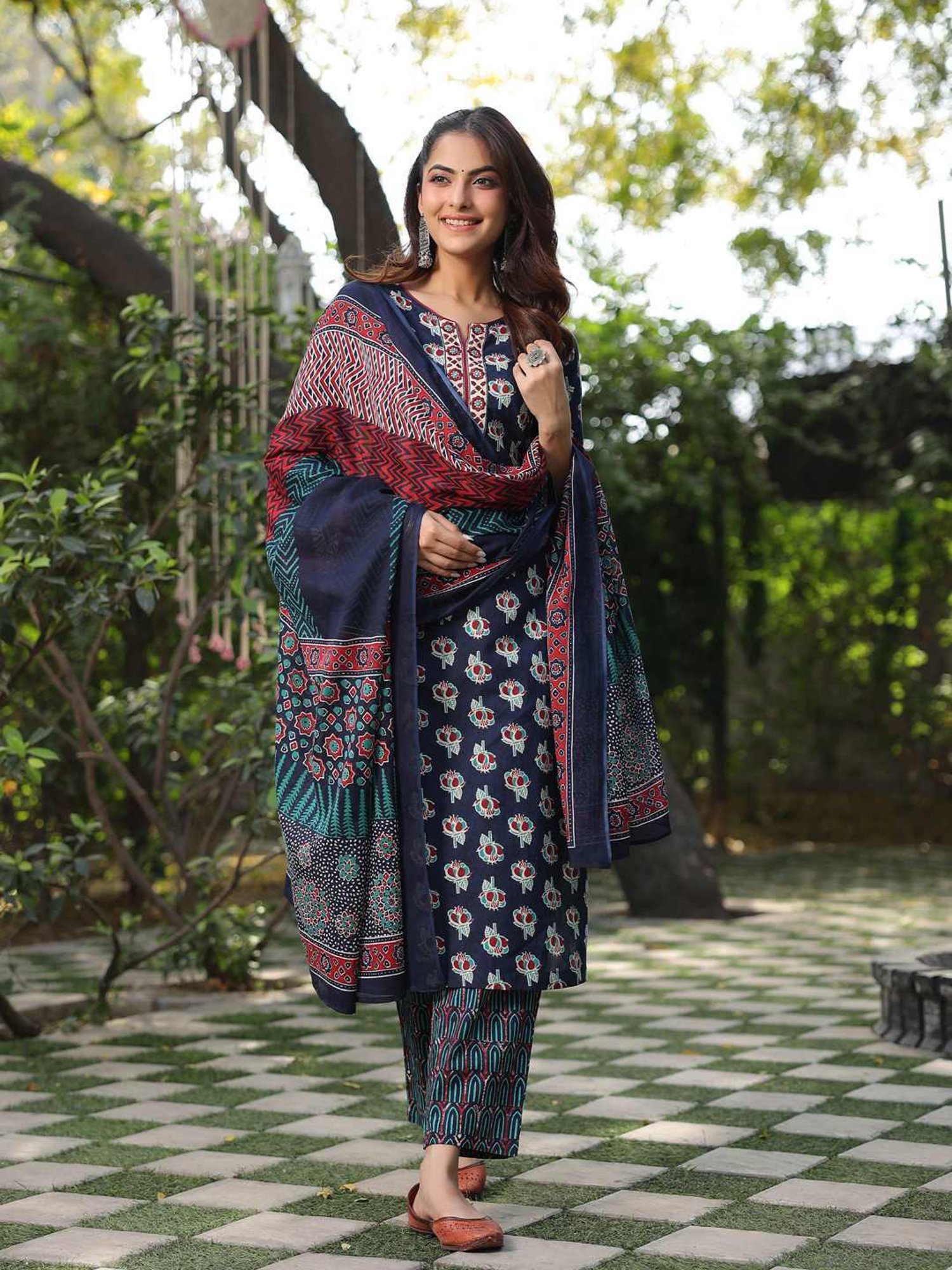 Rain and Rainbow Blue Cotton Embroidered Kurta & Pant Set With Dupatta