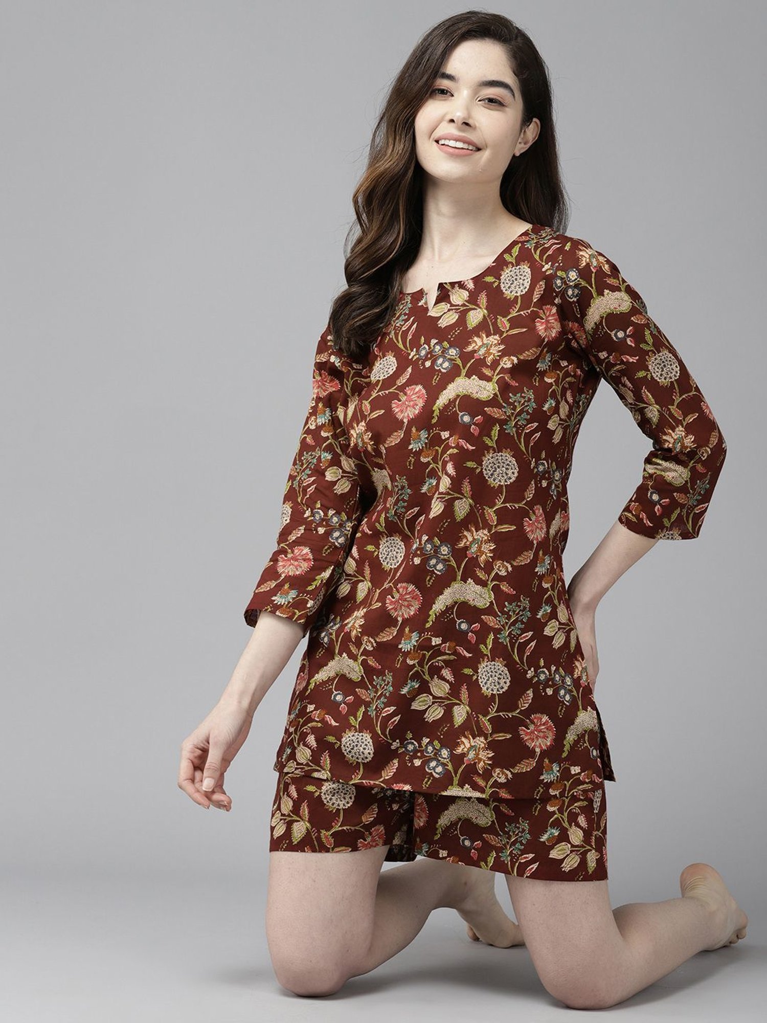 Prakrti Brown Cotton Printed Top Shorts Set