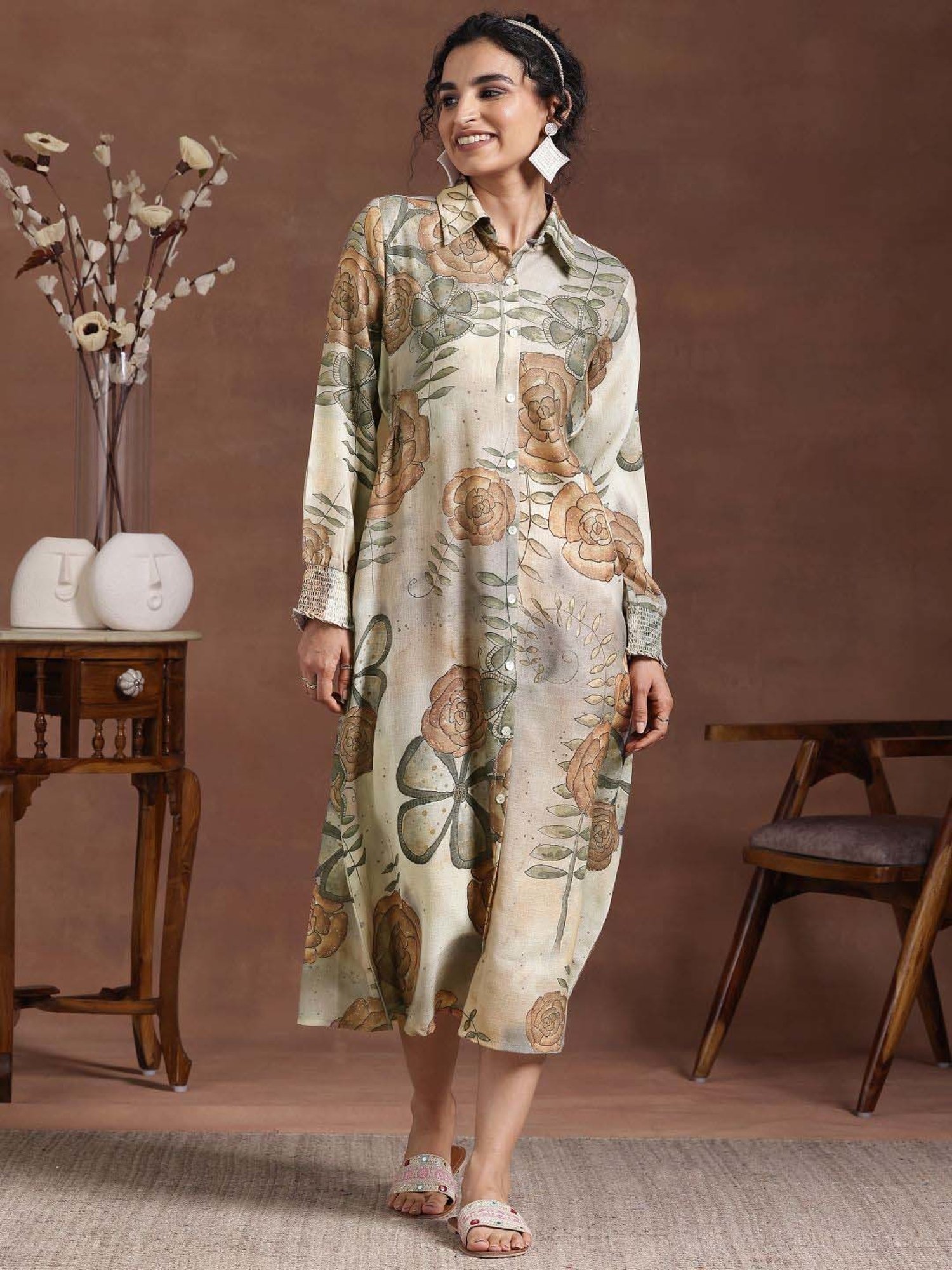 Libas Beige Linen Printed A-Line Dress