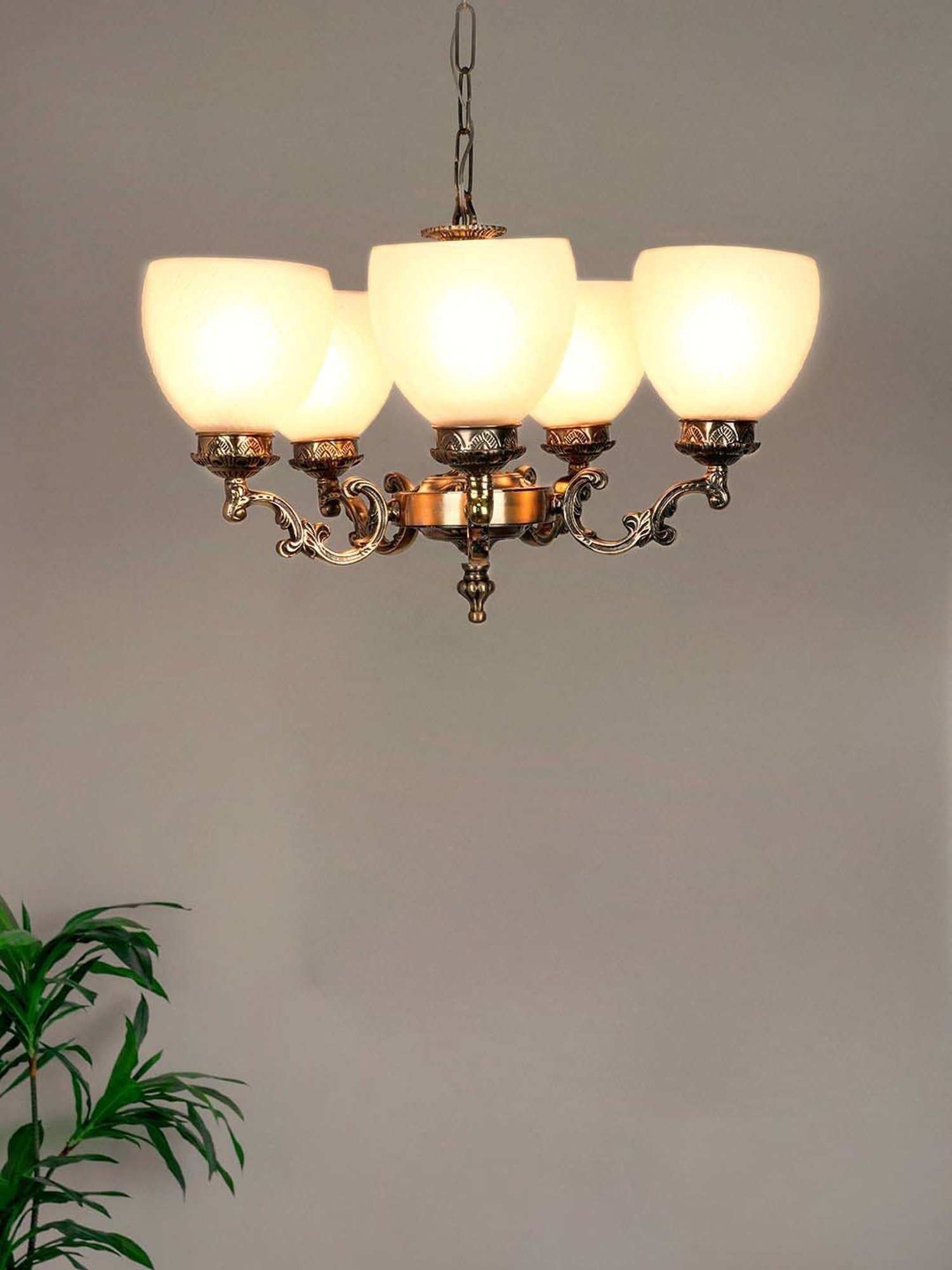 FOS LIGHTING White & Golden Aluminium 5-In-1 Diamond Chandelier With Glass Shade