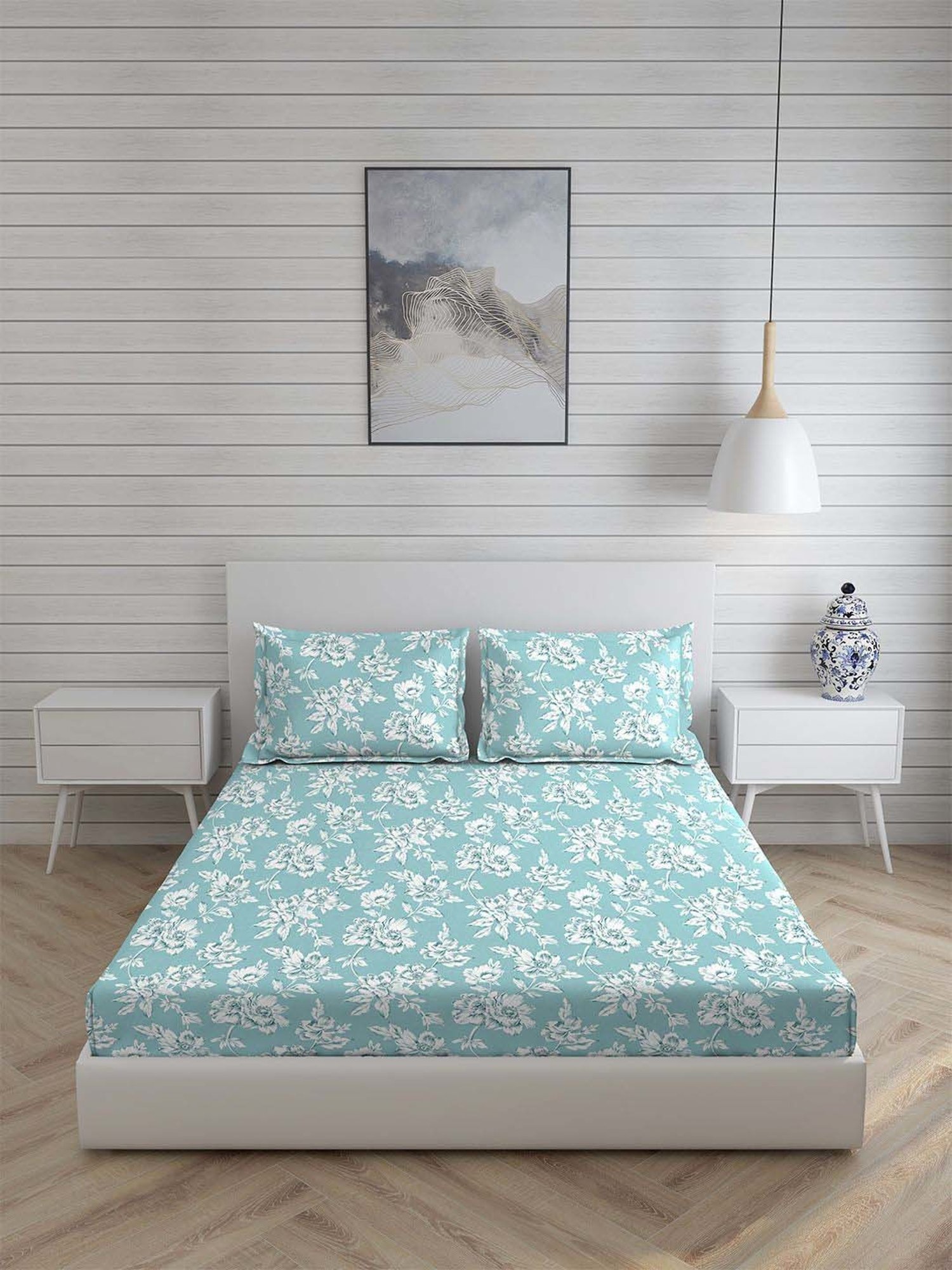 Boutique Living Signature Blue Cotton 300 TC Fitted Size Bedsheet with Pillow Cover