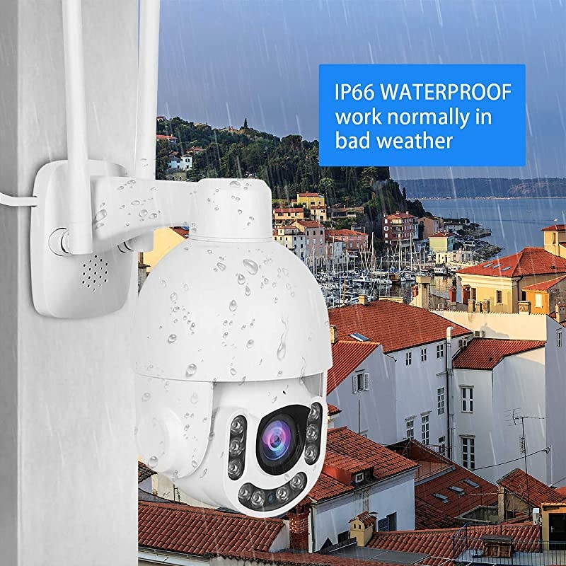 PTZ WiFi Camera Outdoor, Super HD IP Camera, 5X Zoom Security Camera, 200ft Night Vision, 2-Way Audio, Motion Detection Alarm, IP66 Waterproof, Support ONVIF, 128G SD Card Slot, Auto-Tracking