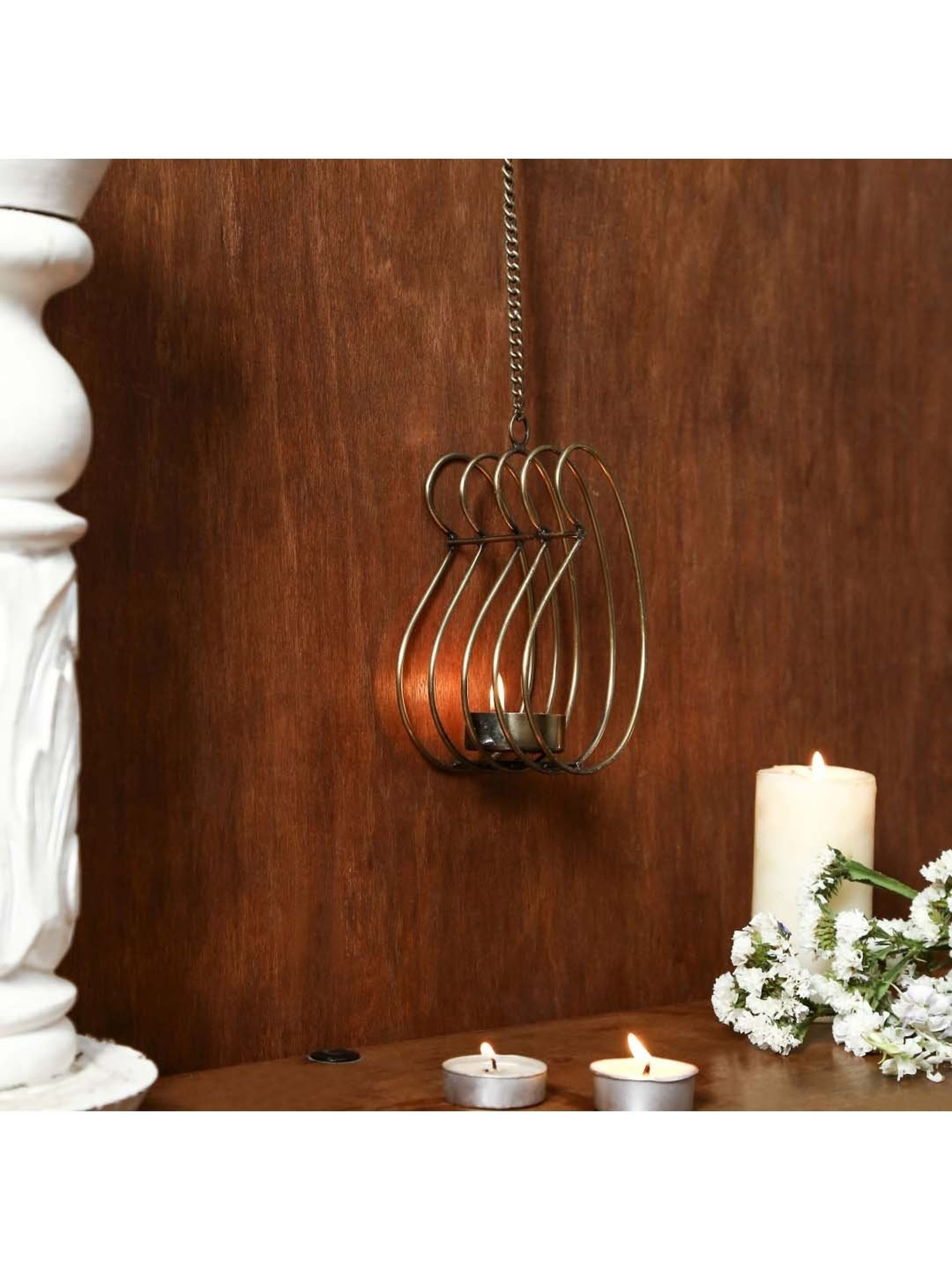 Unravel India Gold Metal Hanging Tea Light - Set of 1