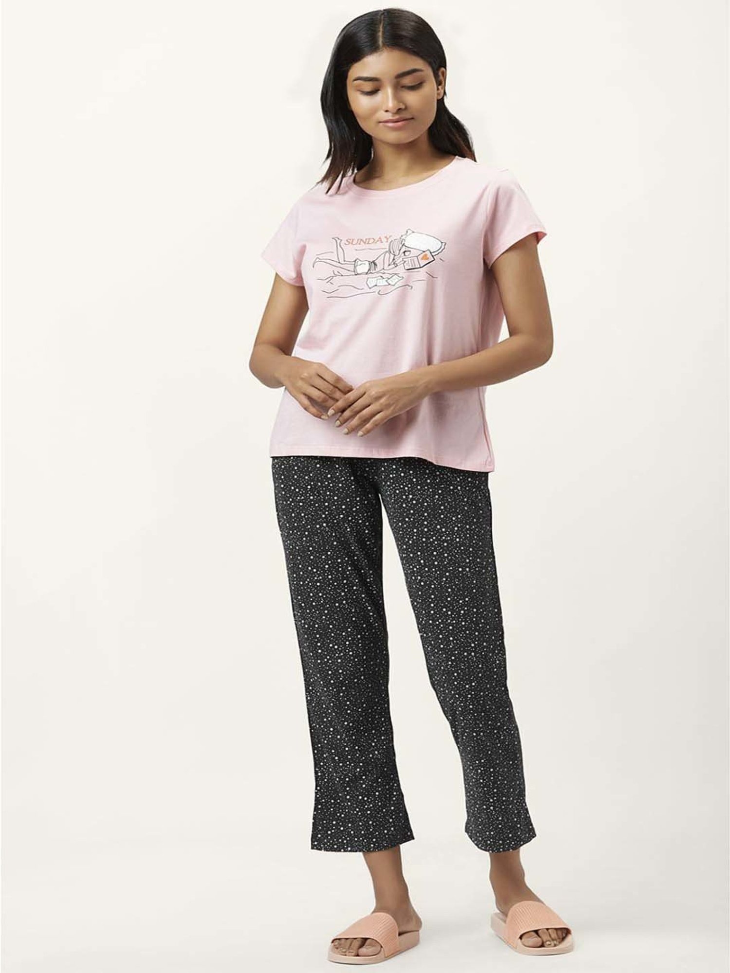 Dreamz by Pantaloons Pink & Black Cotton Printed T-Shirt & Pyjama Set