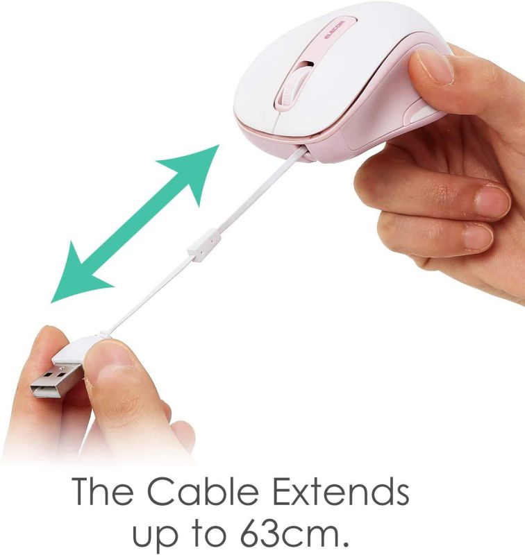 ELECOM Retractable USB Cable 1600 DPI Blue LED Mouse 3 Buttons for Windows / MacOS Pink (M-MK1UBSPN)