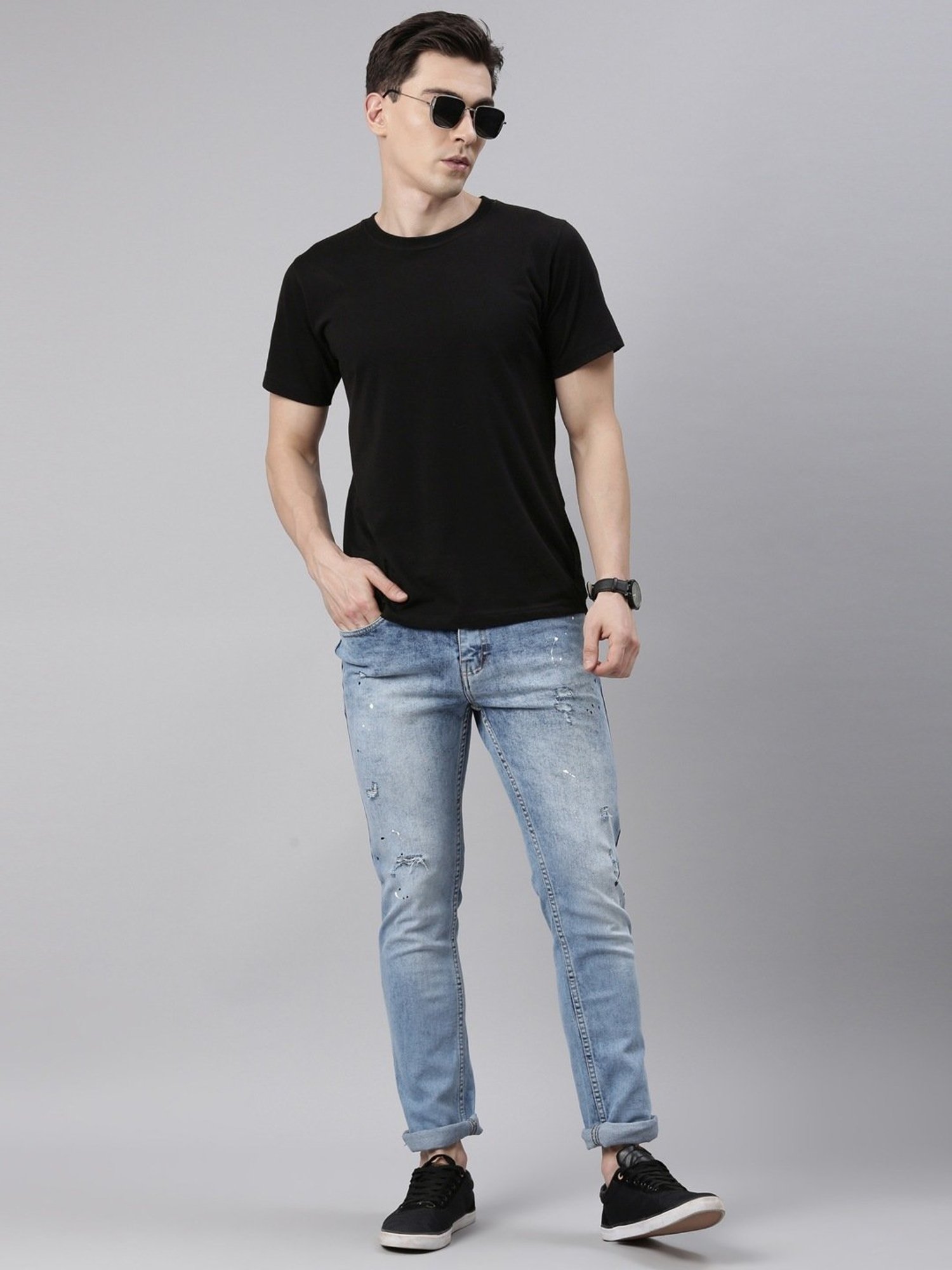 CINOCCI Sky Blue Cotton Slim Fit Distressed Jeans