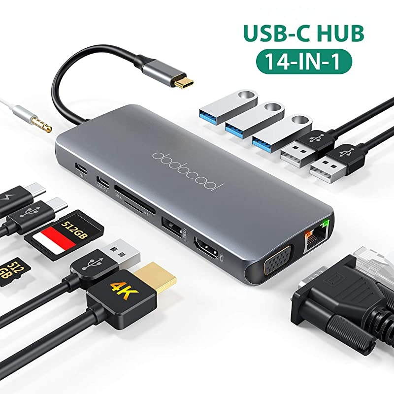 C Hub, 14 in 1 C Docking Station with 4K HDMI, VGA, Gigabit Ethernet RJ45, 3 3.0/2.0,100W PD, SD/TF Card Reader, Type-C Data Transfer, 3.5mm Audio for MacBook/Pro/Air/Type-C Devices
