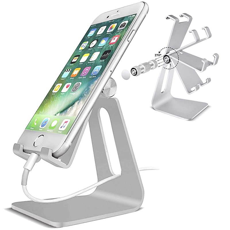 Cell Phone Tablet Stand Adjustable Multi-Angle Aluminum Non-Slip Dock Holder Cradle Charger Station Mount Foldable Portable Desktop Organizer Table Kitchen Room Office School (Silver)