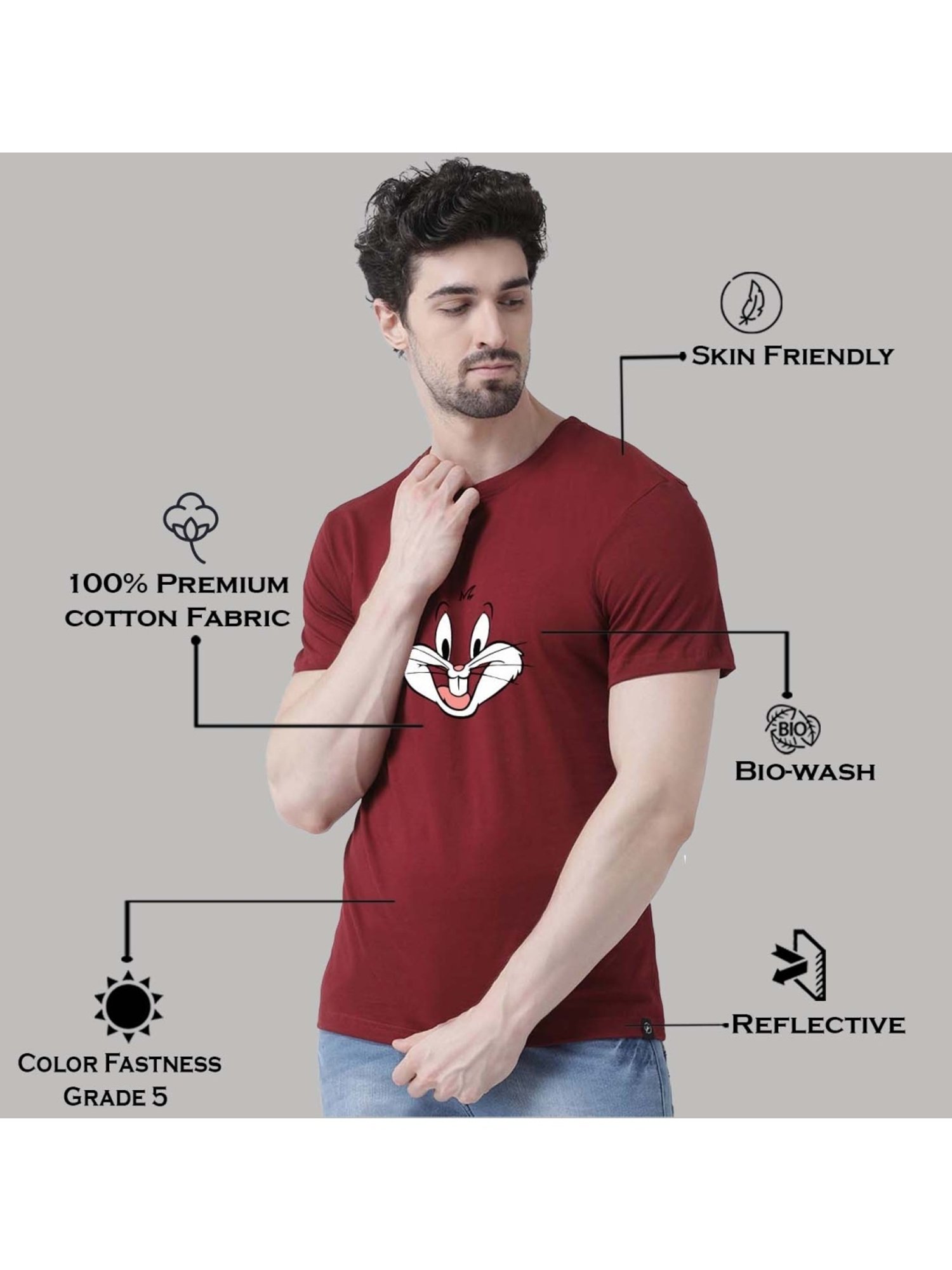 Friskers Maroon Cotton Slim Fit Printed T-Shirt