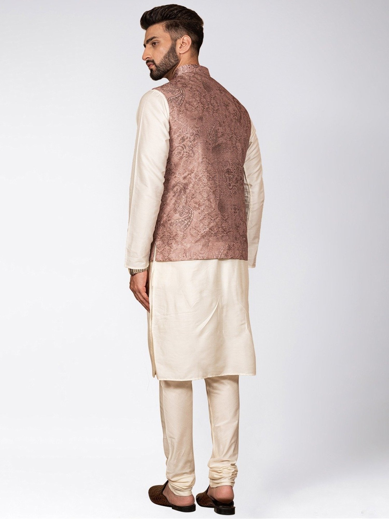 KISAH Brown & White Regular Fit Printed Kurta Set with Jacket