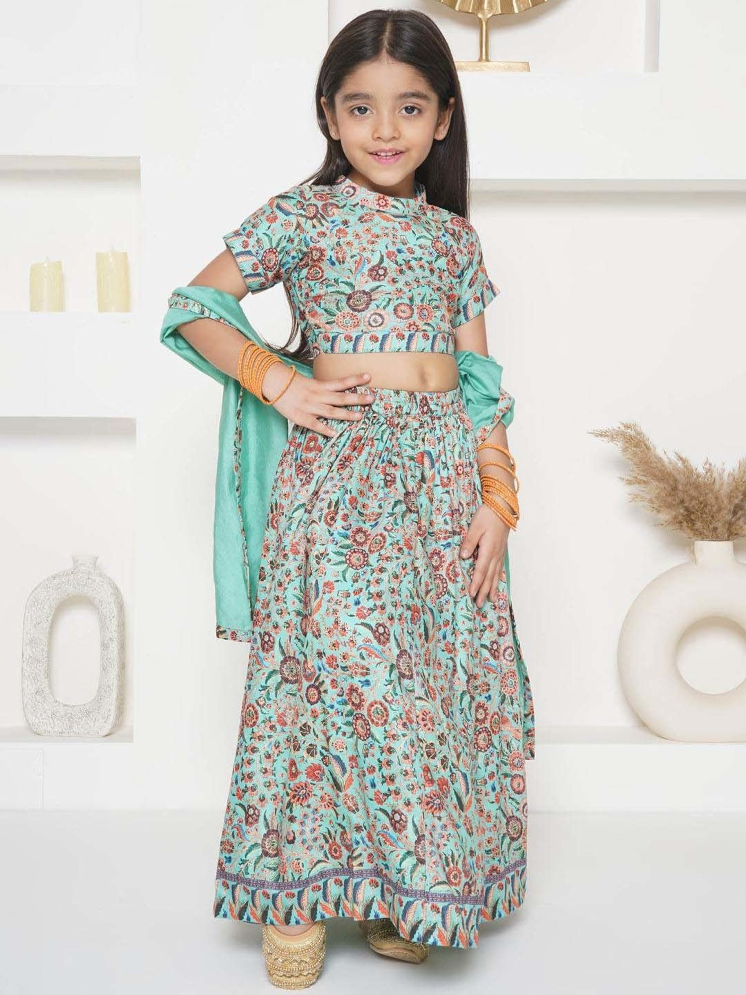 A Little Fable Kids Blue Printed Lehenga with Choli & Dupatta