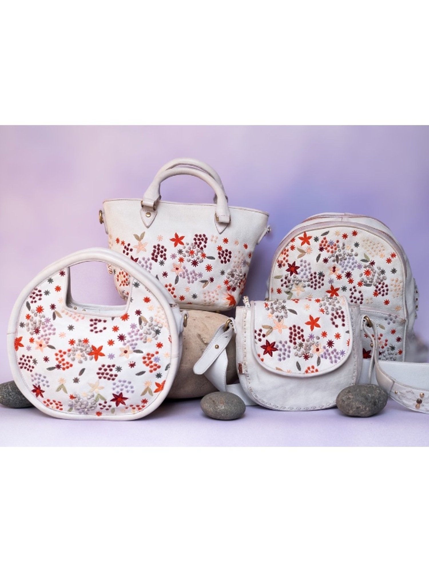Art N Vintage Floral Bliss White Leather Embroidered Medium Handbag