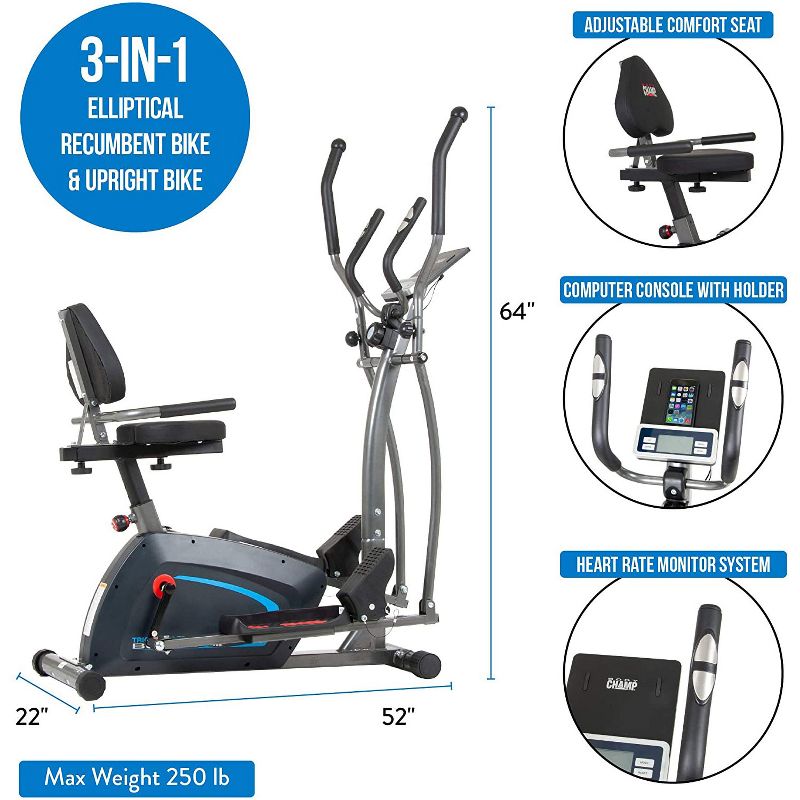 Body Champ BRT1875 3 in 1 Trio Trainer Cardio Workout Machine with Elliptical, Upright Stationary Bike, and Recumbent Bike