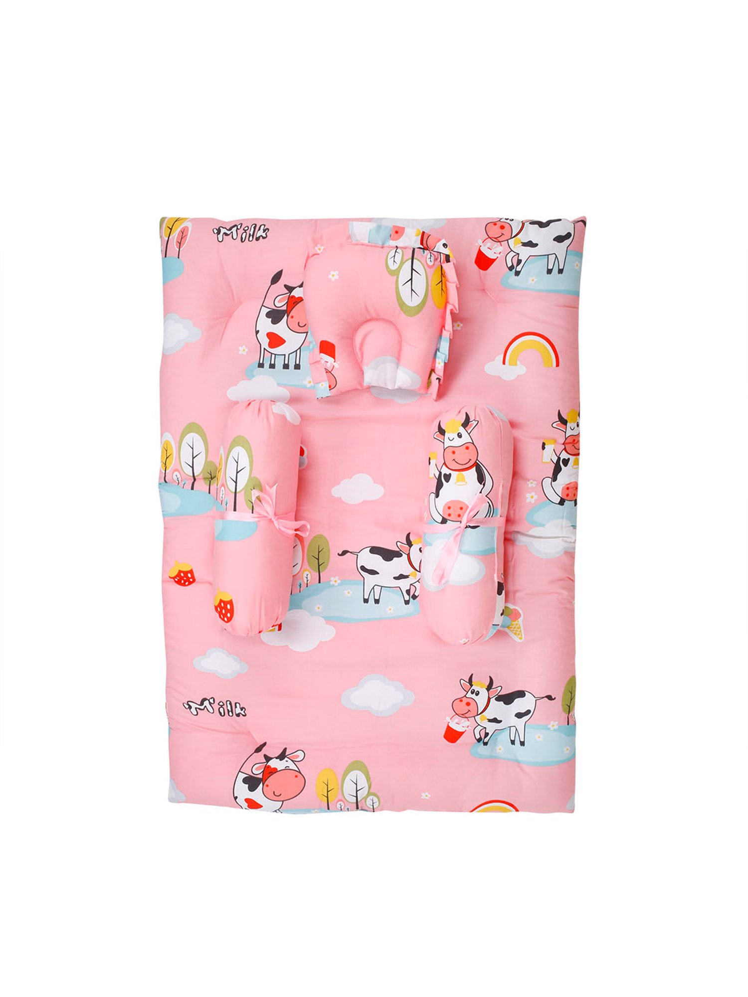Baby Moo Milkaholic Peach Mattress Set with Neck Pillow and Bolsters