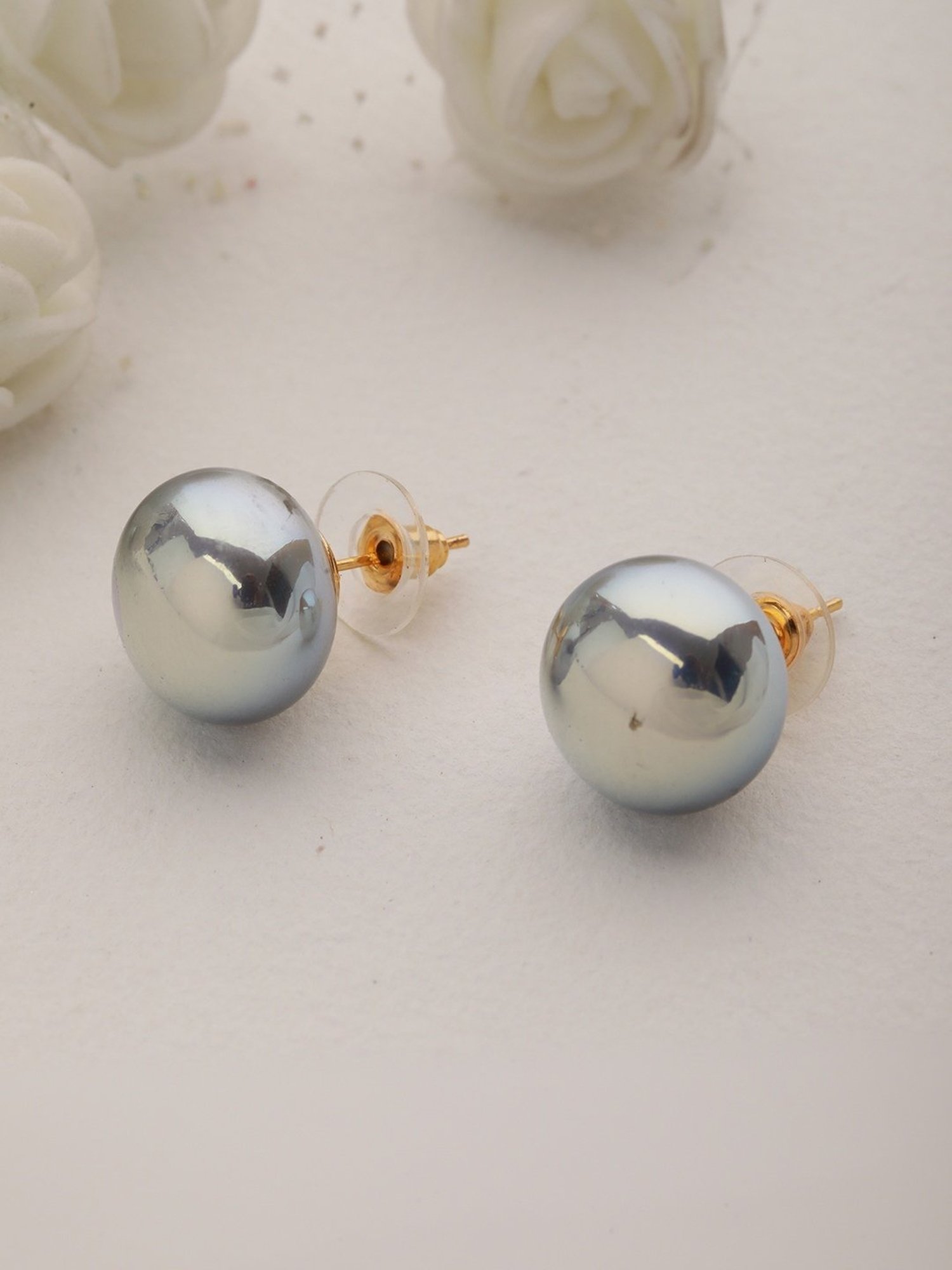 Prita by Priyaasi Glossy Silverish Grey Sphere Stud Earrings