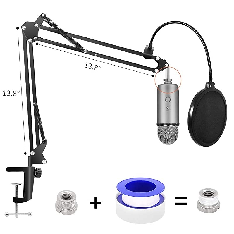 Heavy Duty Microphone Stand with Mic Windscreen and Dual Layered Mic Pop Filter  Adjustable Microphone Suspension Boom Scissor with Shock Mount Mic Clip Holder Black