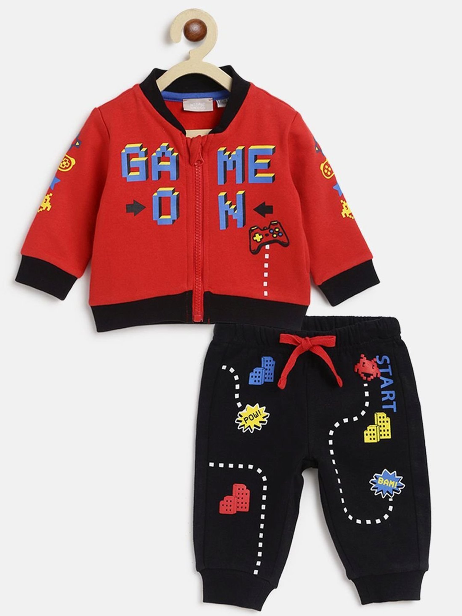 Chicco Kids Red & Black Cotton Printed Full Sleeves Jacket Set