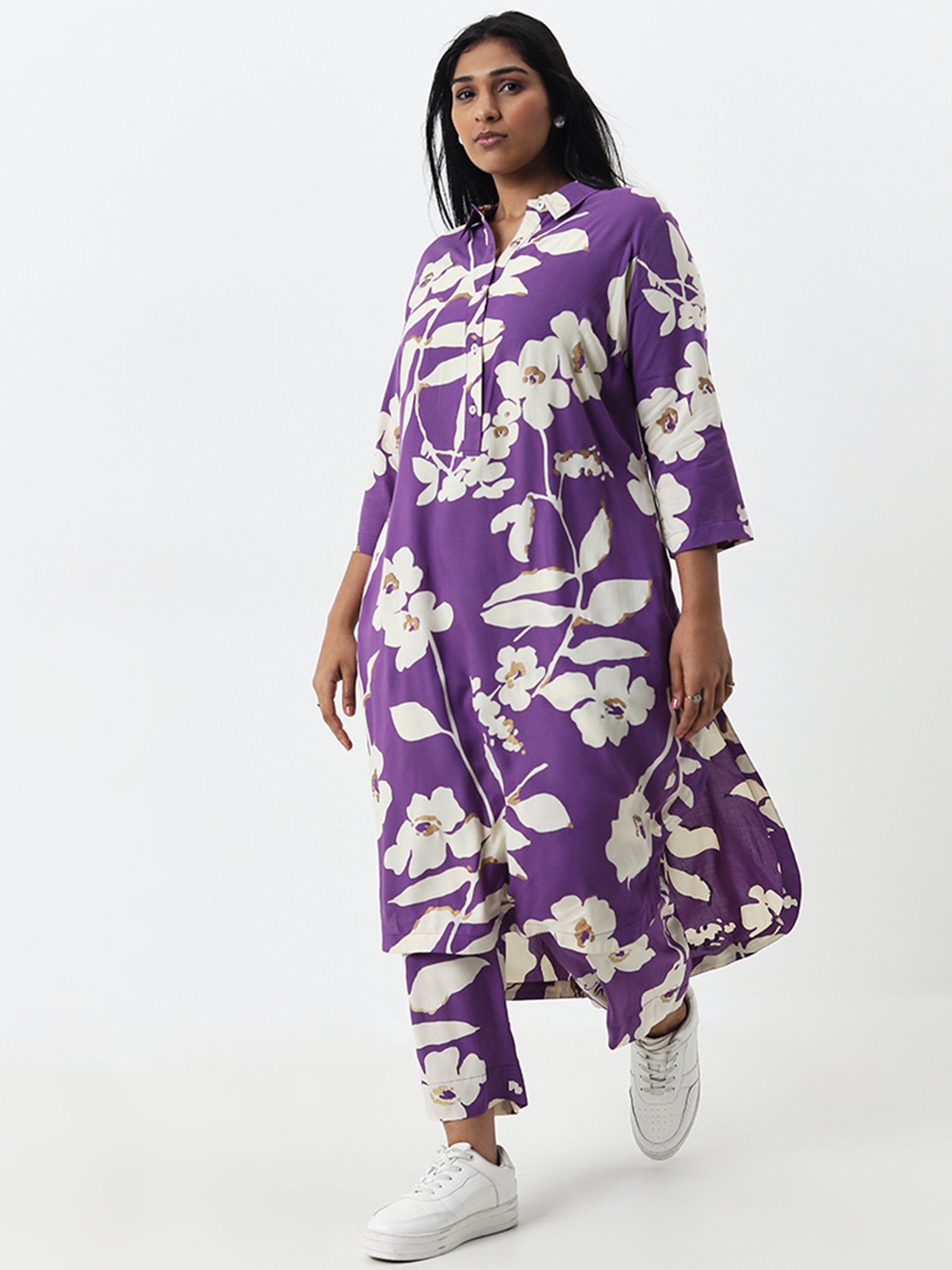 Diza by Westside Purple Floral Printed A-Line Cotton Kurta