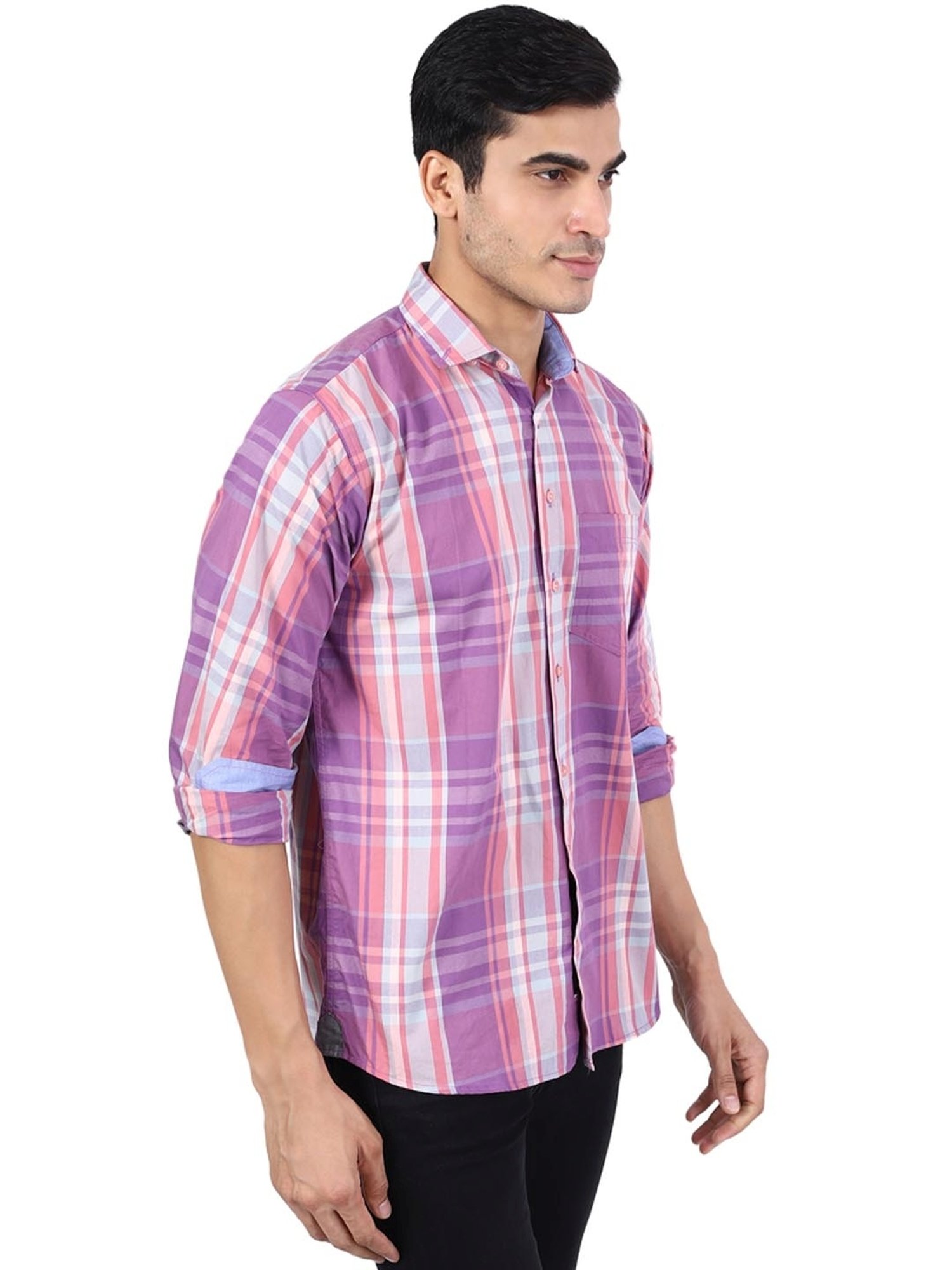 TAHVO Purple & White Cotton Slim Fit Checks Shirt