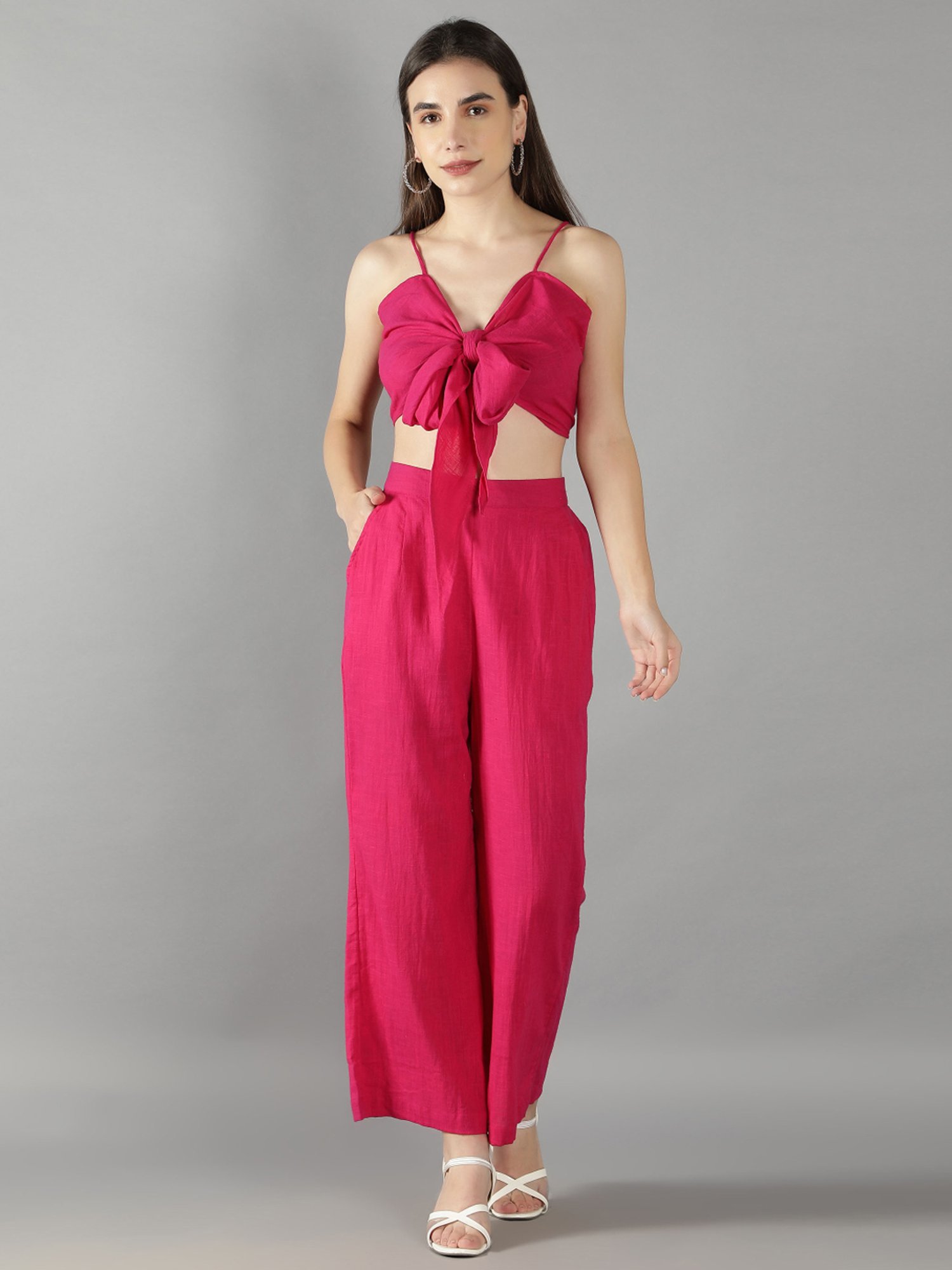 KAORI BY SHREYA AGARWAL Pink & Green Cotton Crop Top Palazzo Set With Cape