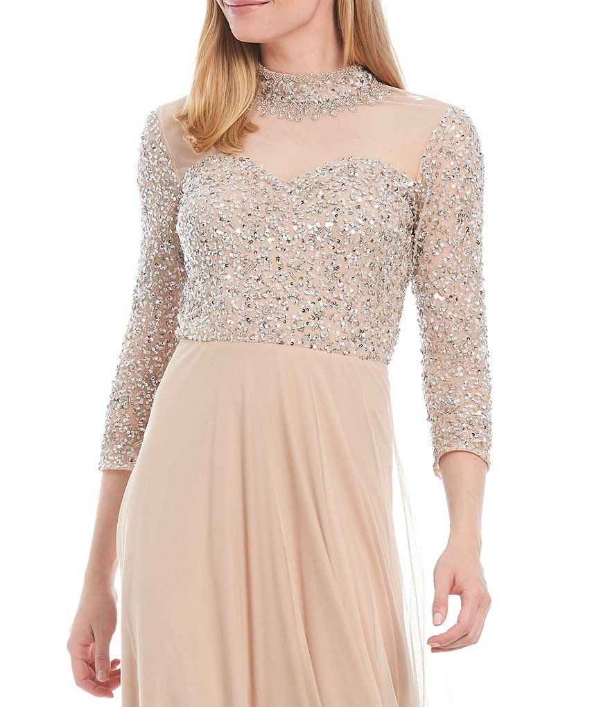 Pisarro Nights Beaded Illusion Mock Neck 3/4 Sleeve Gown