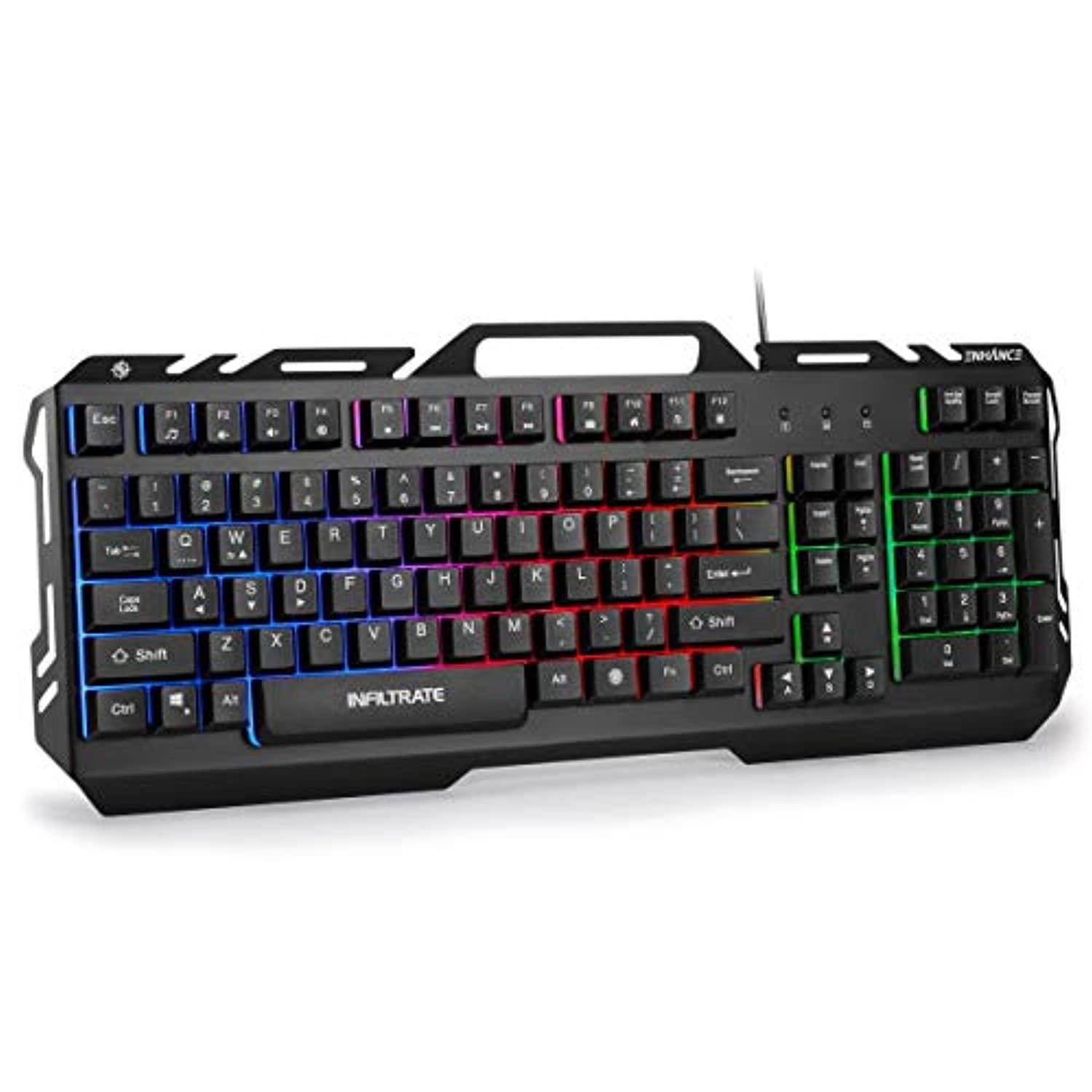 enhance infiltrate kl2 membrane gaming keyboard - quiet keyboard with 3 multi color led lighting modes, turbo input mode, anti-ghosting, 19 key roll over, slim low profile metal de