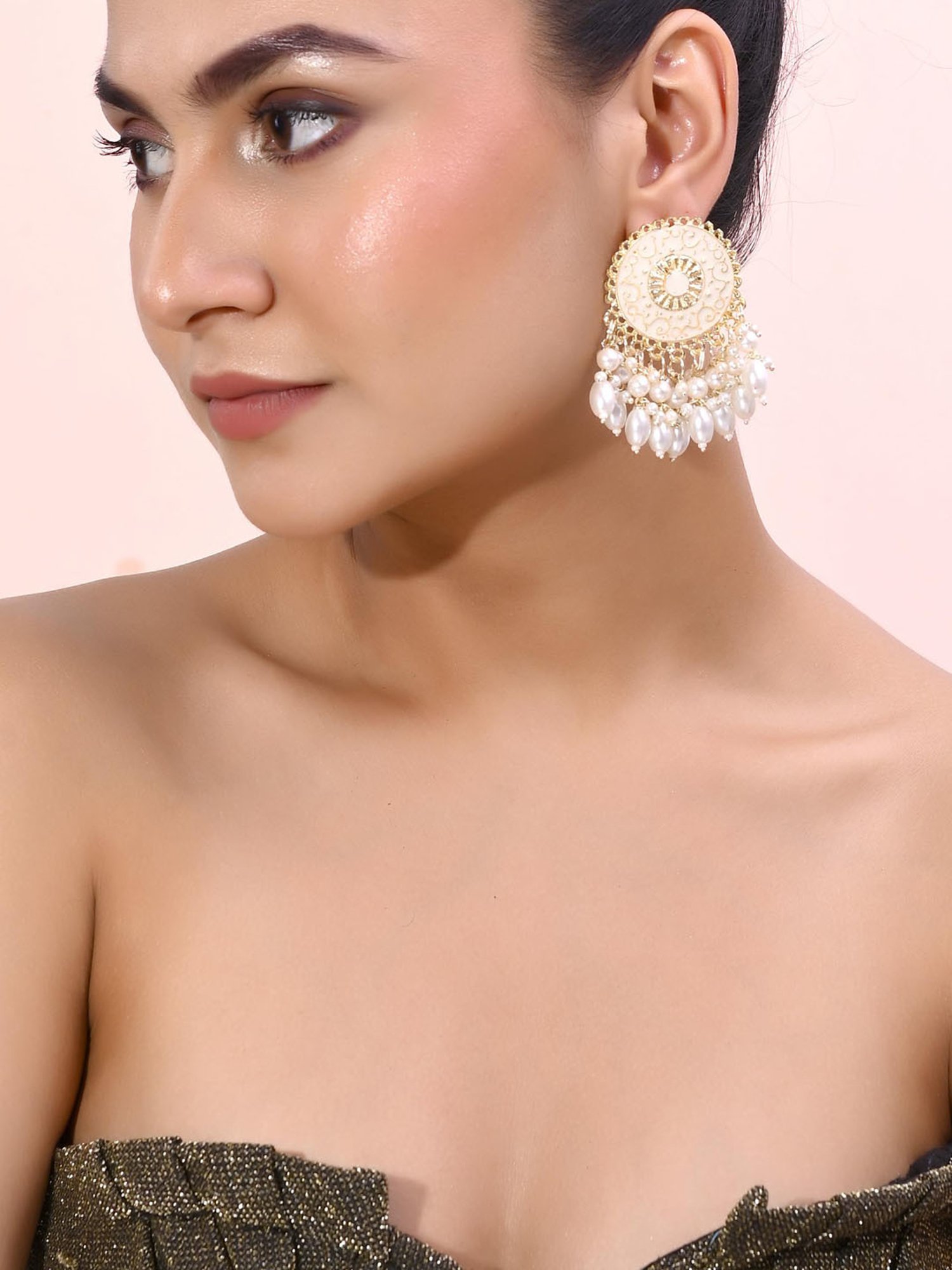VOJ Gold Plated White Circular Earrings with Pearls for Women