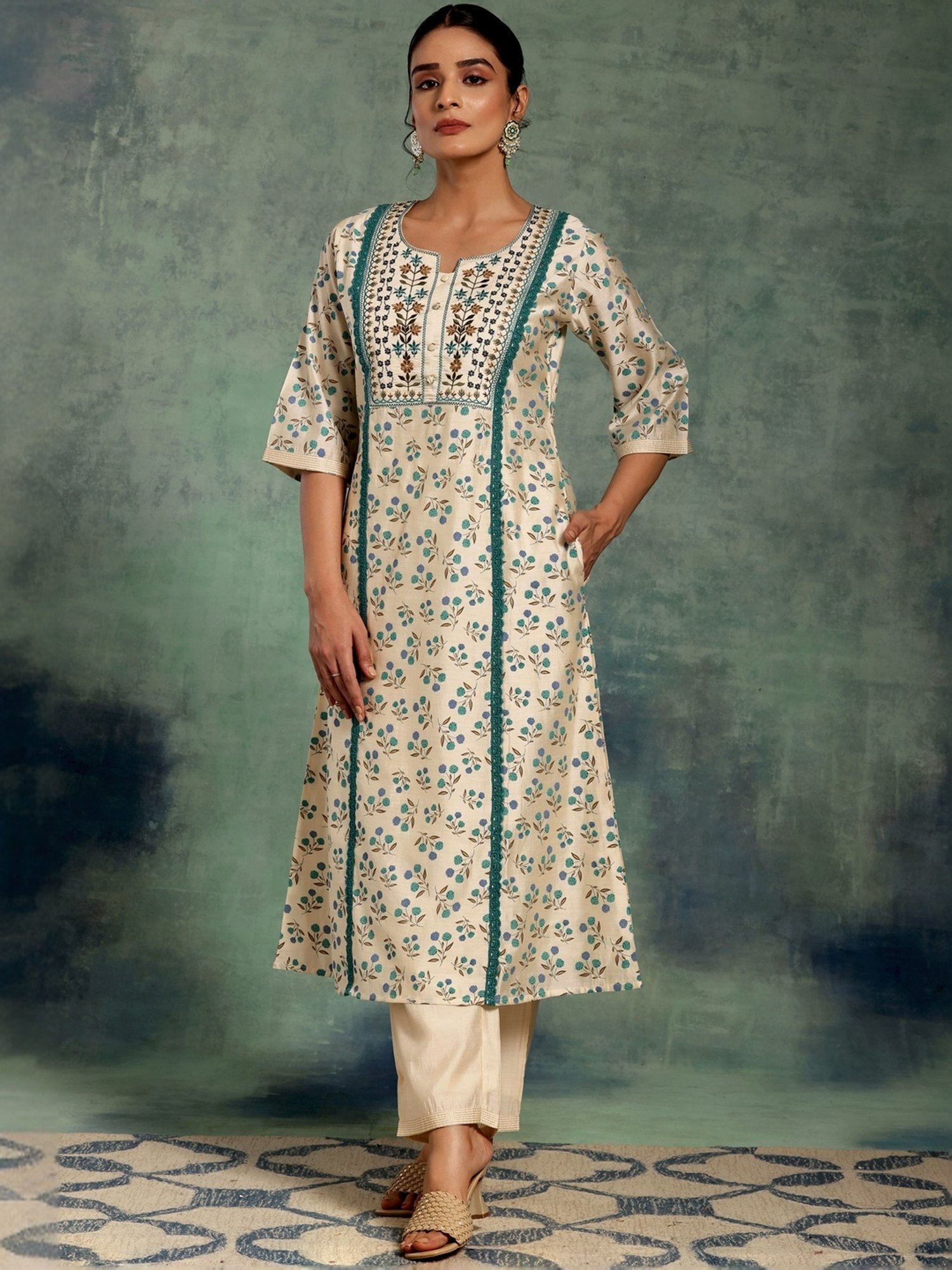 Libas Beige Printed Kurta Palazzo Set