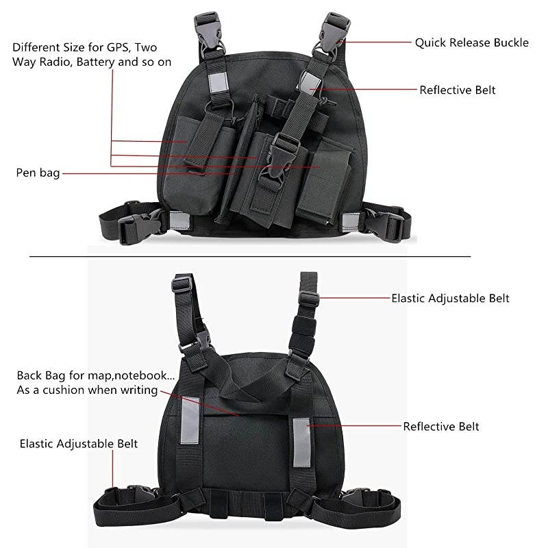 Universal Radio Chest Harness Pack Front Pocket Pouch Bag Holster EMS Vest Rig with Reflective Stripe for Two Way Radio Walkie Talkie Black Rescue Essentials