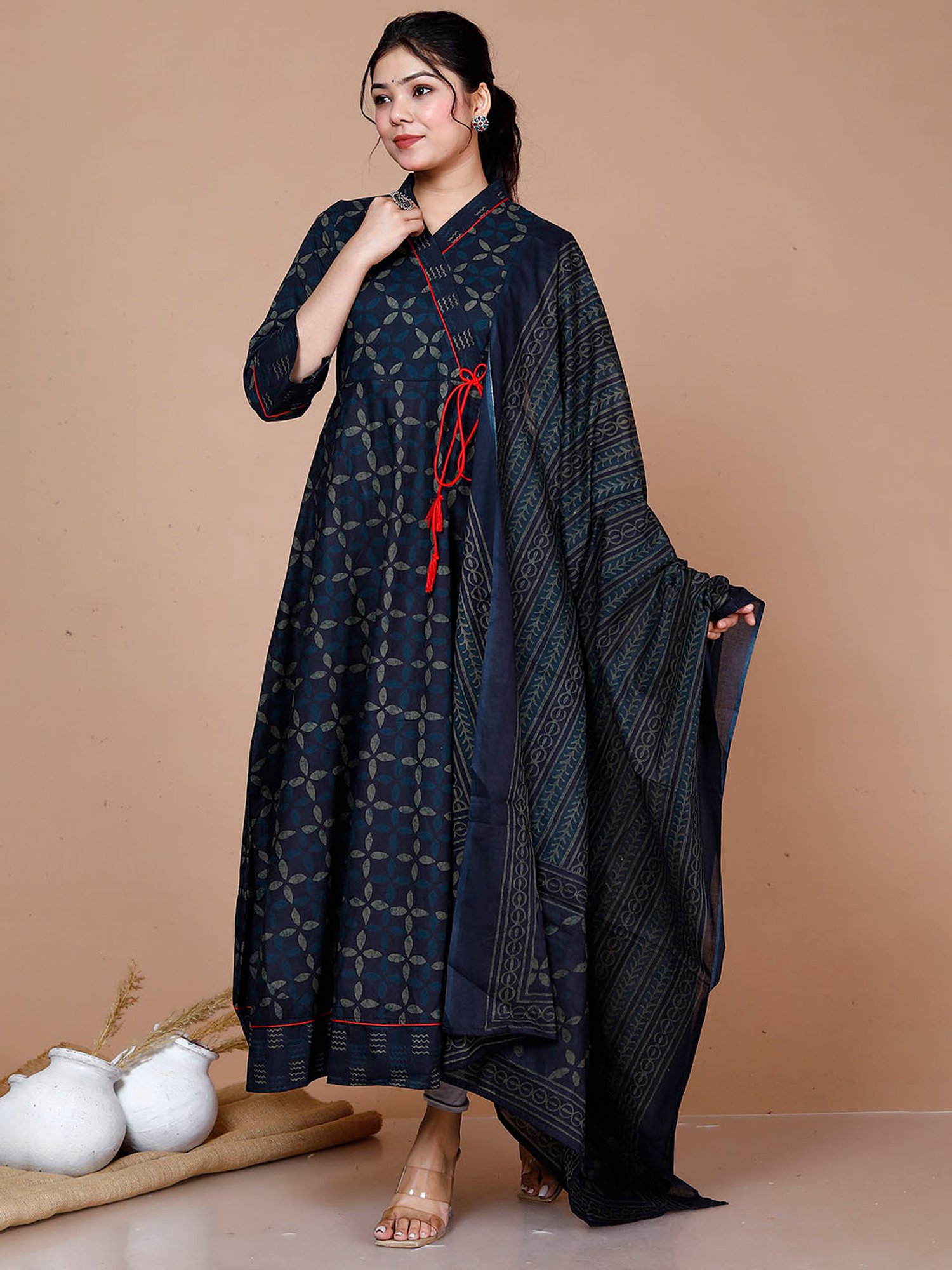 Miravan Blue Printed Fit & Flare Kurta With Dupatta