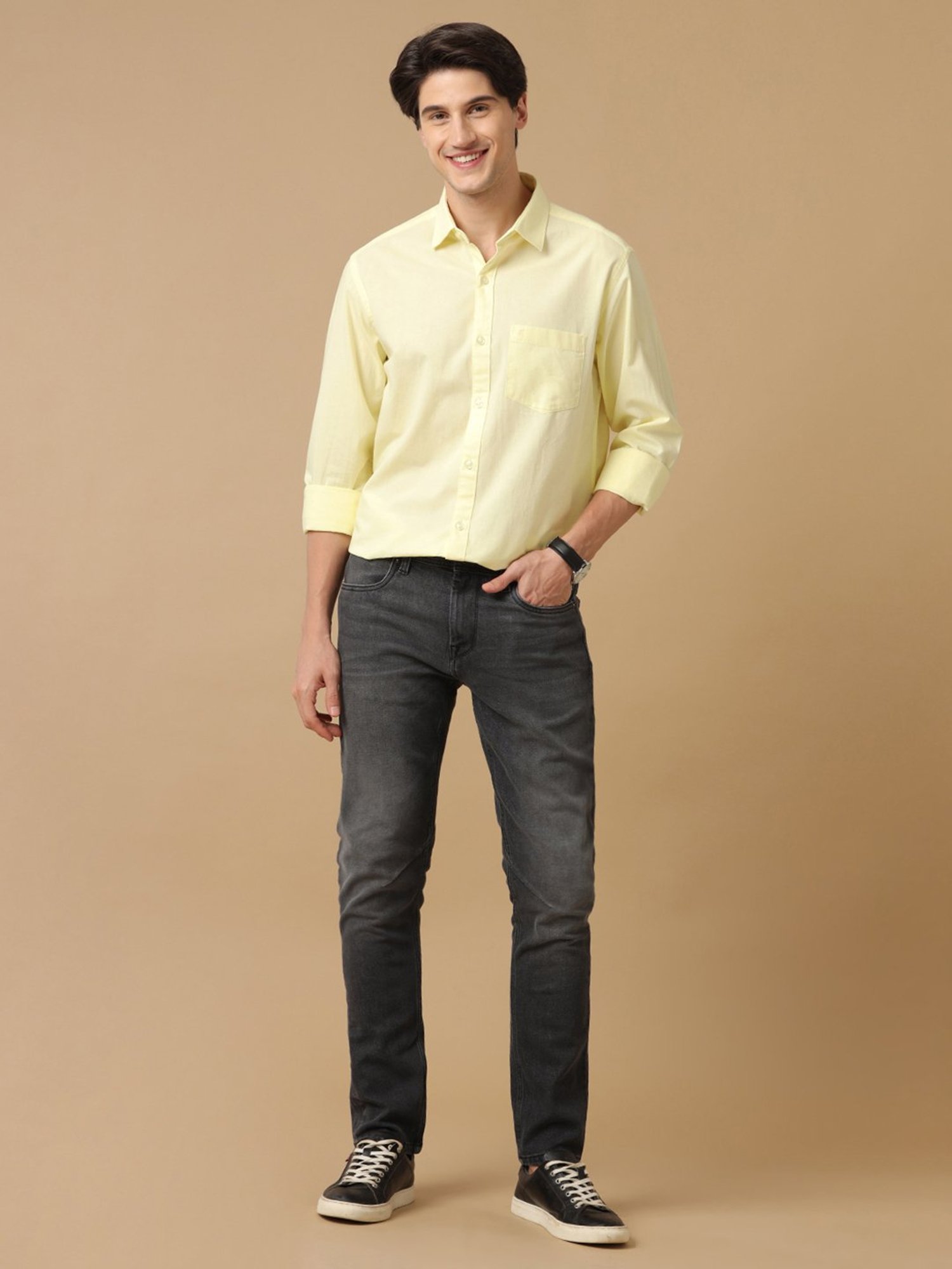 CAVALLO by Linen Club Lime Yellow Contemporary Fit Shirt