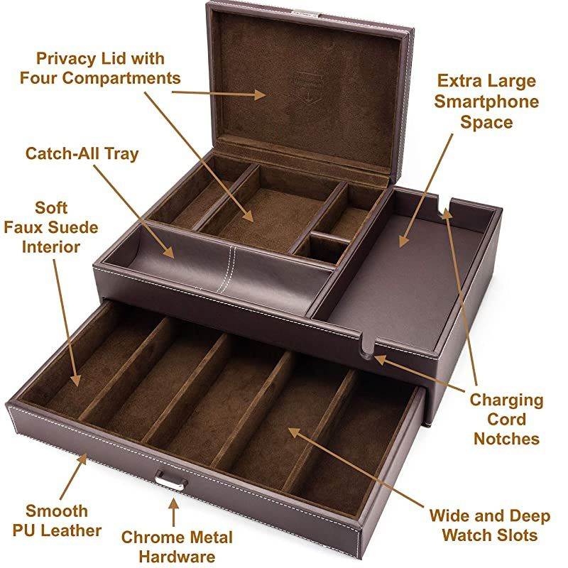 Admiral Big Dresser Valet Box amp Mens Jewelry Box Organizer with Large Smartphone Charging Station Dark Brown