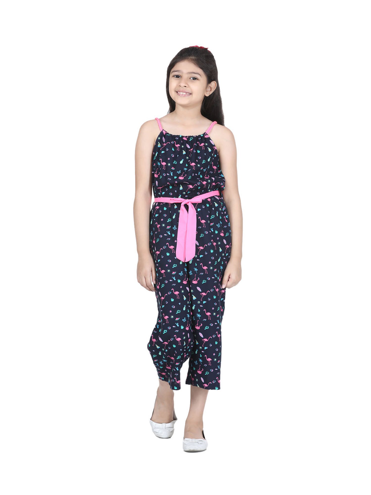 StyleStone Kids Navy & Pink Printed Jumpsuit with Belt