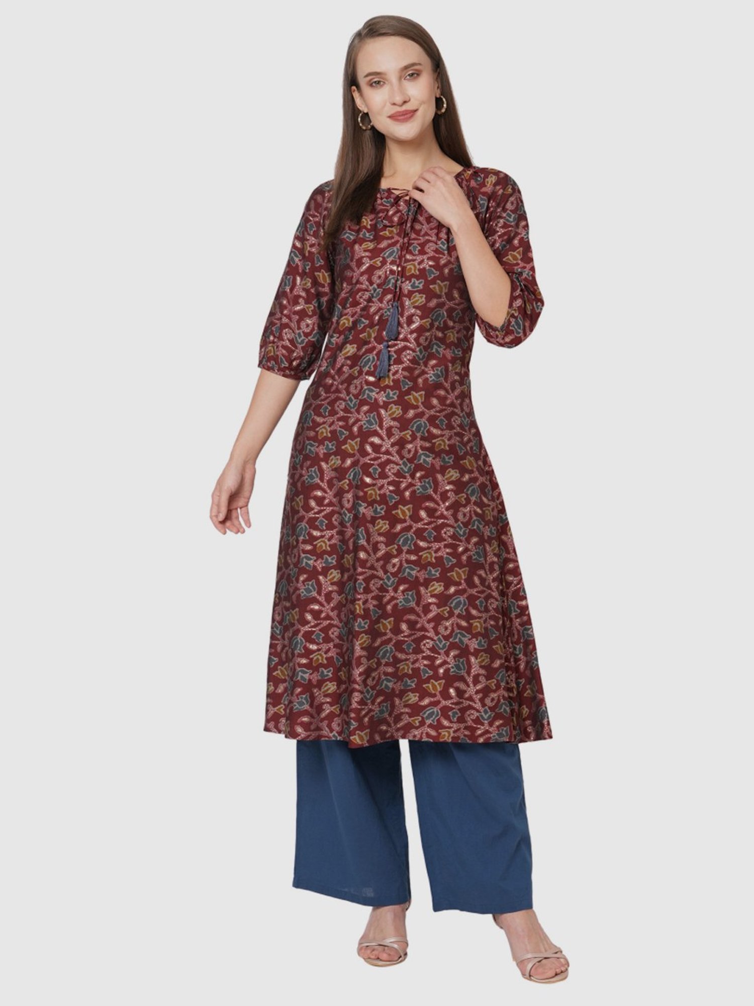 Fusion Beats Maroon Printed A Line Kurta