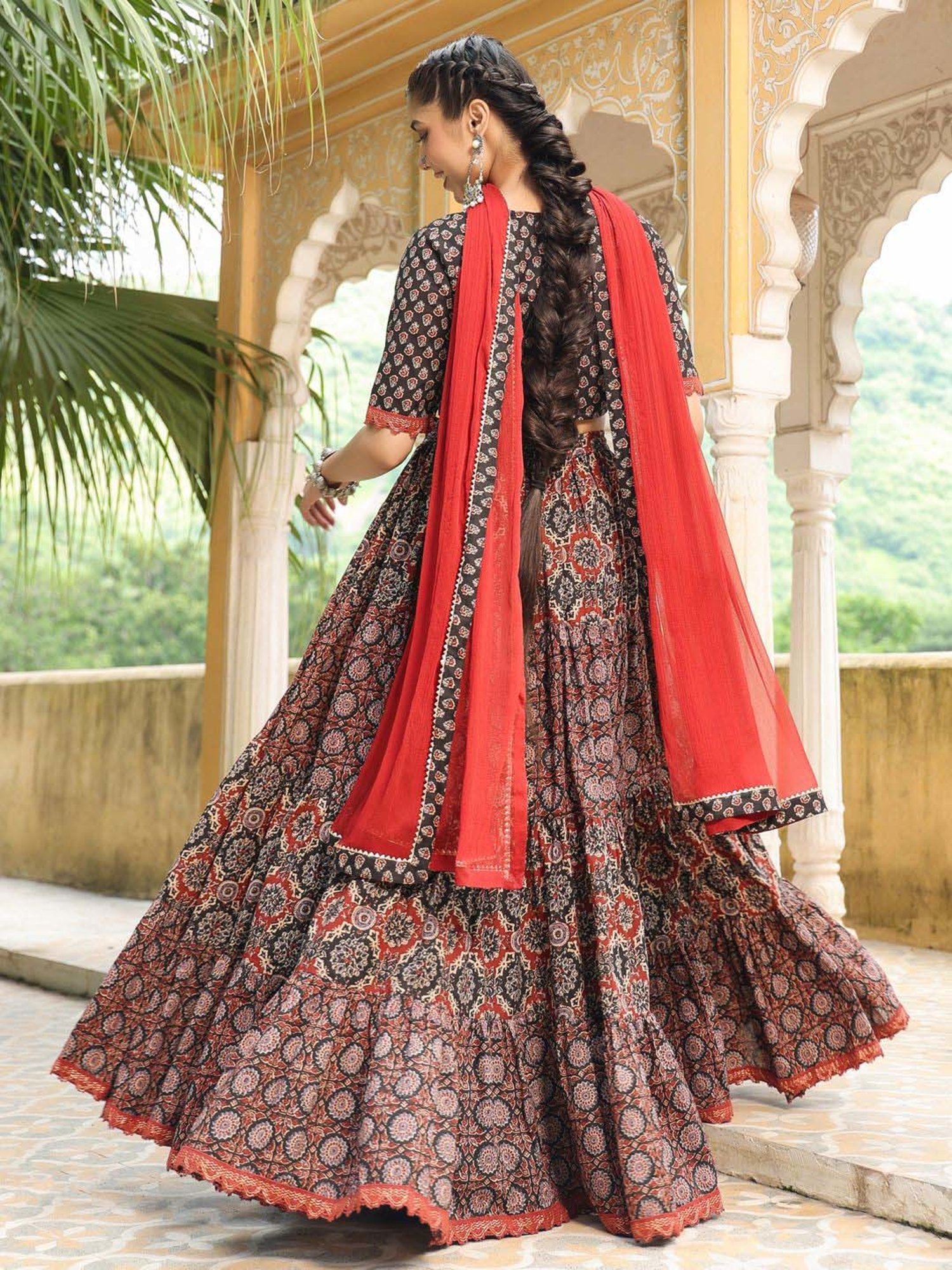 Janasya Black Cotton Printed Lehenga Choli Set With Dupatta