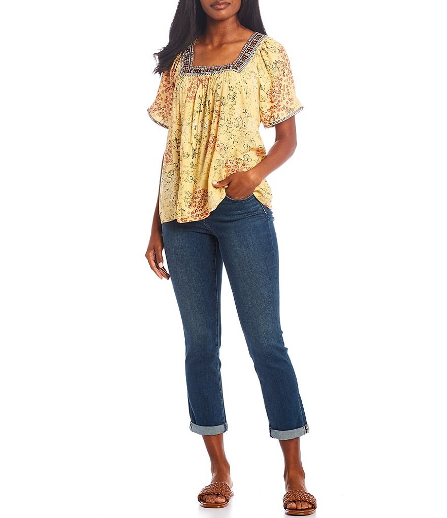 One World Apparel Jacquard Square Neck Short Sleeve Yellow Multi Floral Print Top
