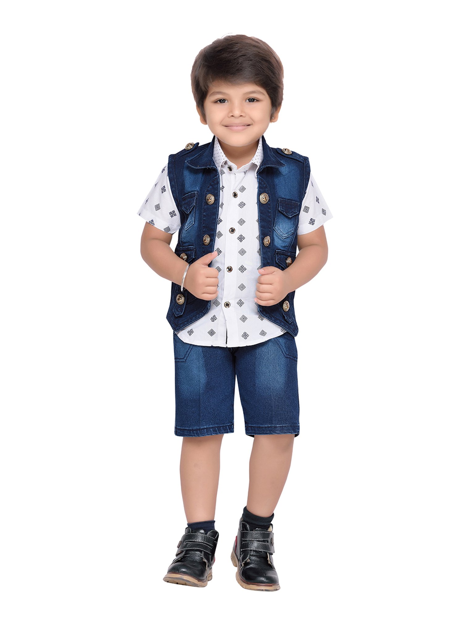 AJ Dezines Kids Sky Blue & Black Solid Full Sleeves Shirt, Pants, Coat, Waistcoat with Tie