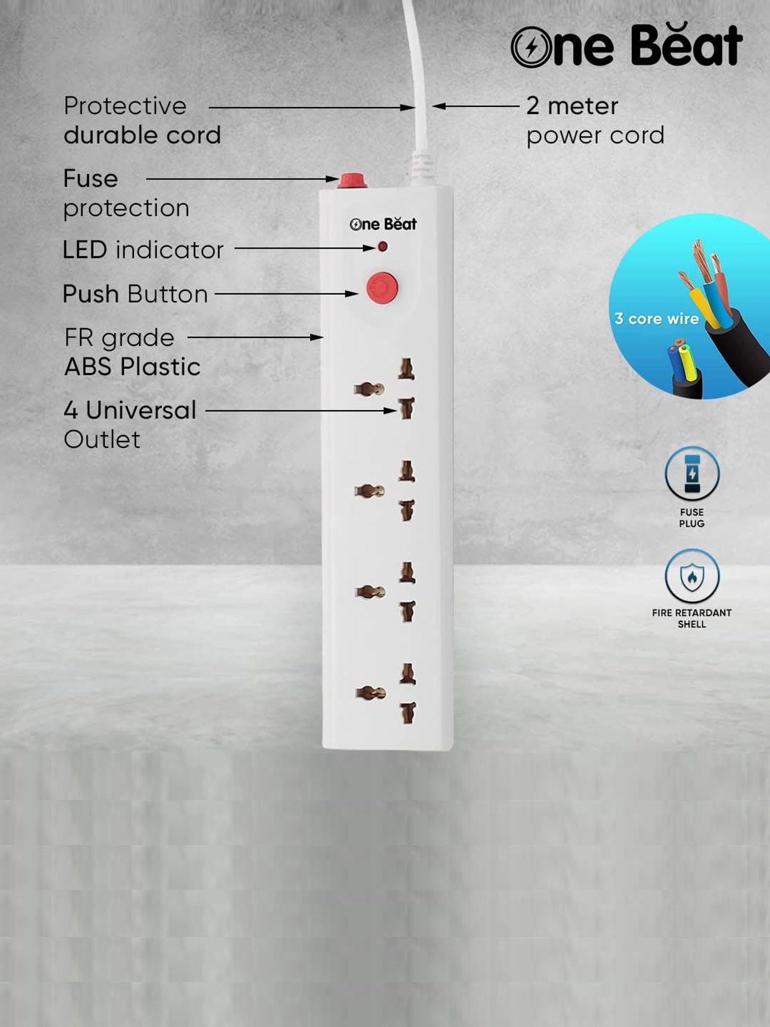 One Beat Extension 4 Universal Sockets, Power Load 10 AMP with 2 Mtr Cable (White)