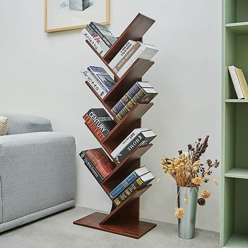 9Shelf Tree Bookshelf Floor Standing Tree Bookcase in Living RoomHomeOffice Bookshelves Storage Rack for CDsMoviesBooks Walnut Brown