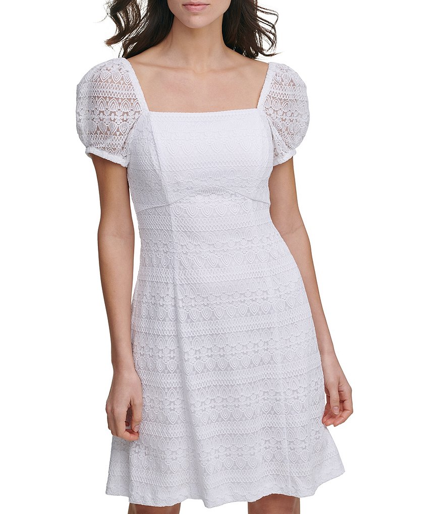 Kensie Square Neck Puff Sleeve Geo Lace A-Line Dress