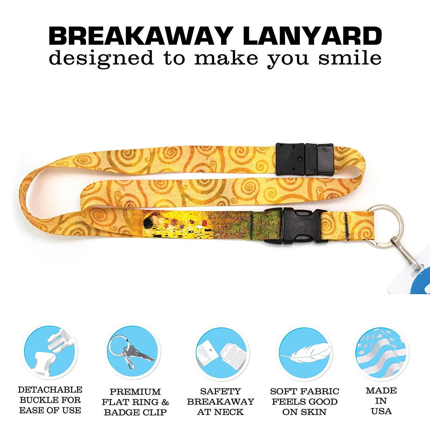 Buttonsmith Gustav Klimt Kiss Premium Breakaway Lanyard with Buckle and Flat Ring - Safety Breakaway, Buckle and Flat Ring - Made in USA