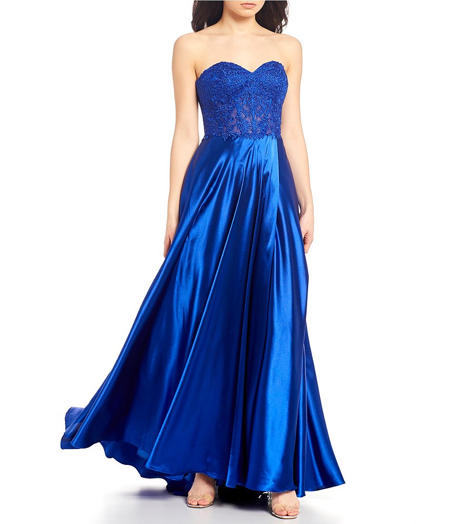 Blondie Nites Strapless Lace-Up Back Embroidered Corset Bodice Satin Ball Gown