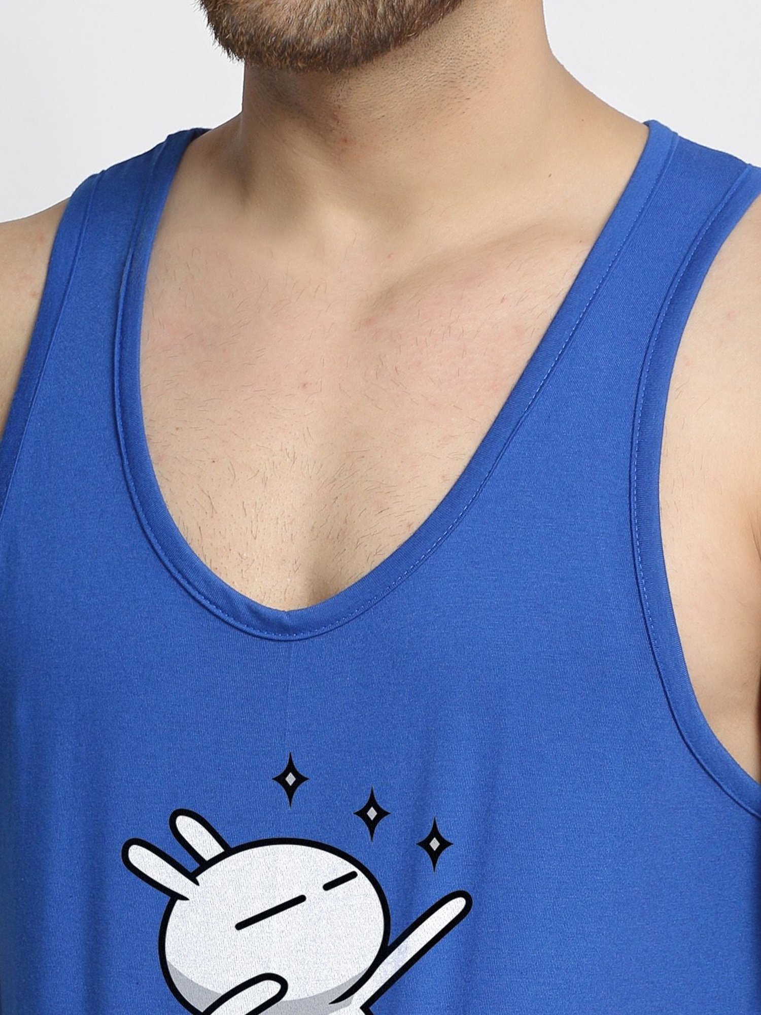 Friskers Blue Cotton Slim Fit Printed Gym Vest