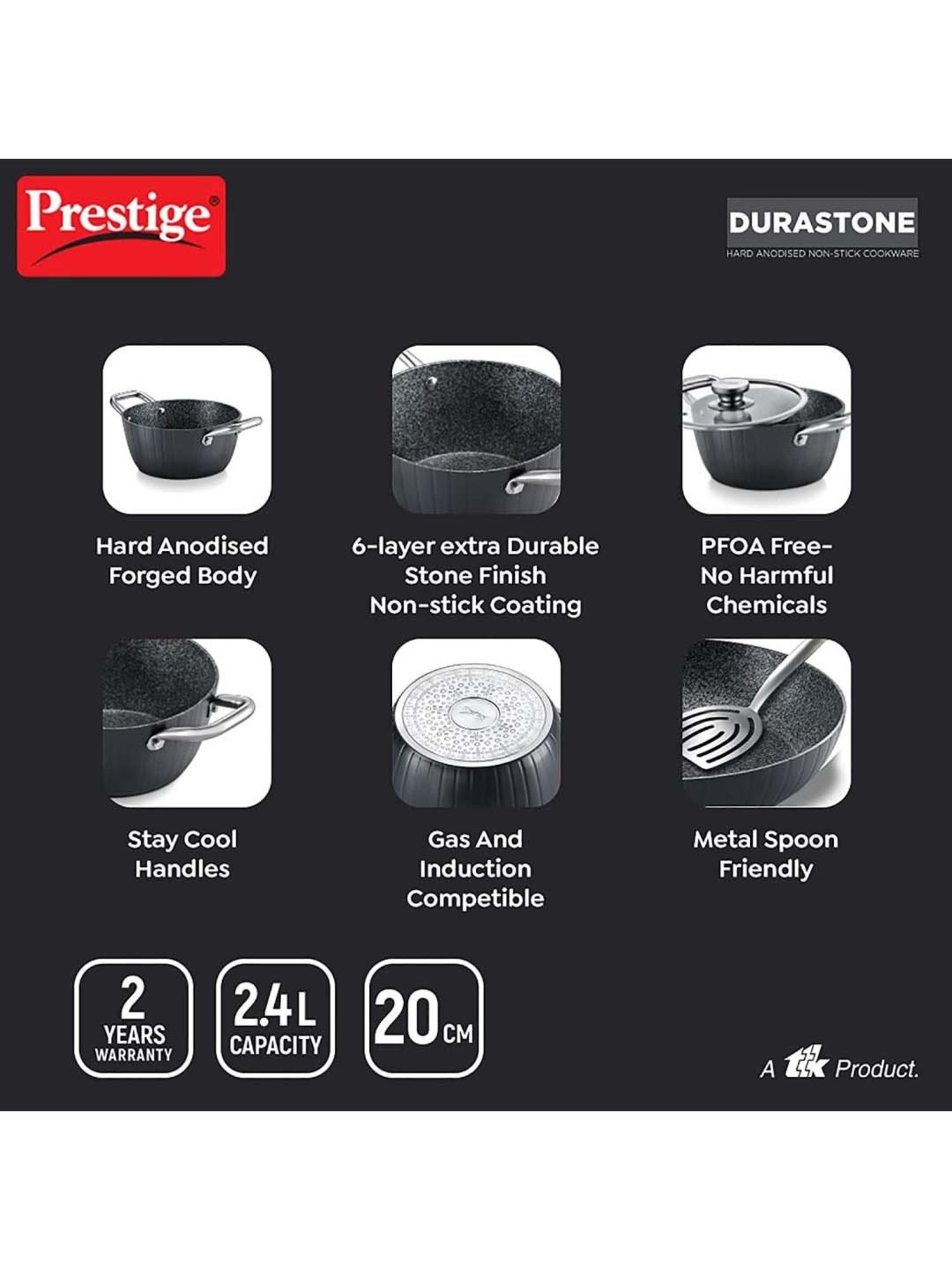 Prestige Black Hard Anodised 20 cm Non-Stick 6-Layer Casserole With Lid (2.4 L)