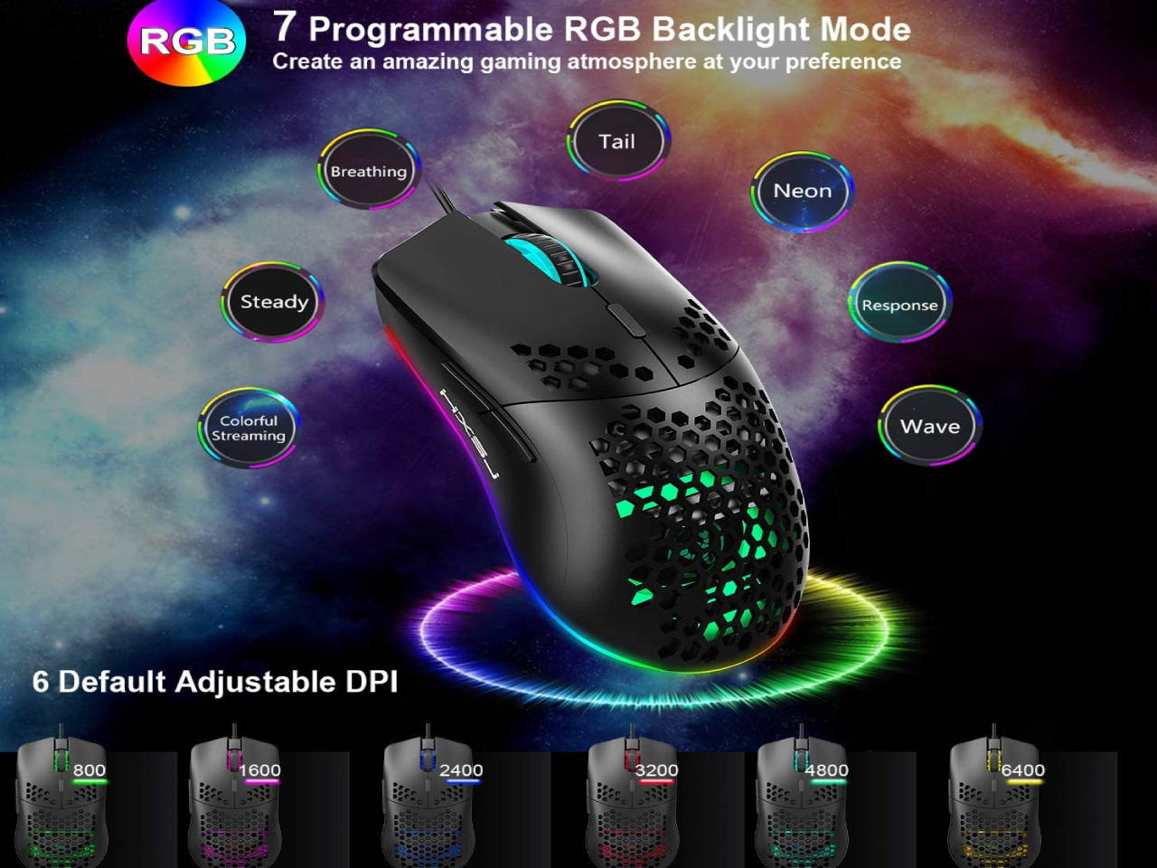 Updated Gaming Mouse with 7 Programmable Buttons, Chroma RGB Backlight Gaming mice, 6400 Adjustable DPI, Ergonomic USB Computer Mouse, High Precision Sensor for Windows PC & Laptop Gamers